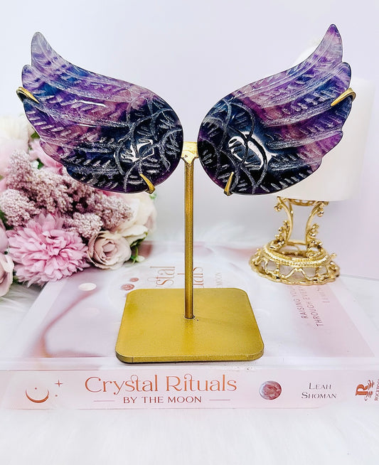 Fabulous 17cm (Inc Stand) Purple Fluorite Angel Wings On Gold Stand