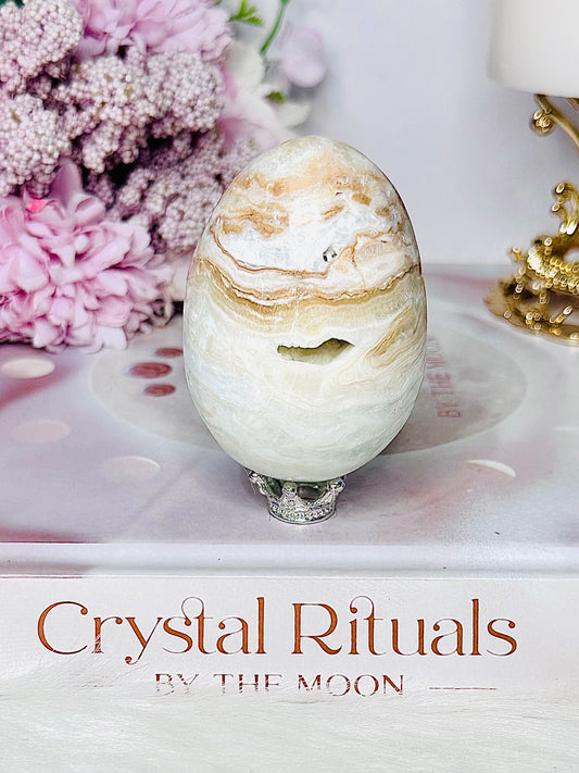 Truly Beautiful Caribbean Calcite Druzy Egg Carving On Stand 7cm