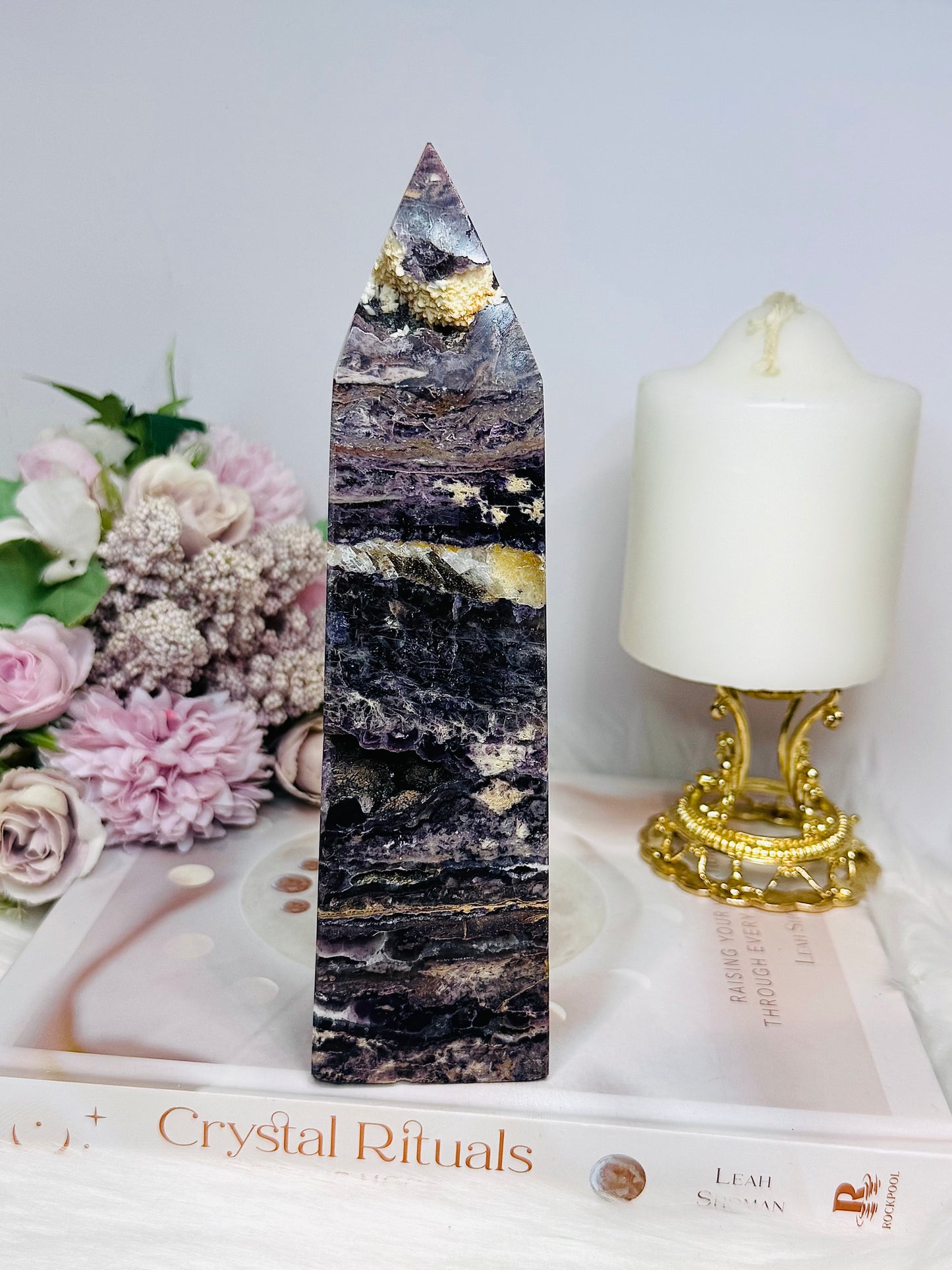 Large Purple Fluorite X Sphalerite Druzy Tower 19cm 768g