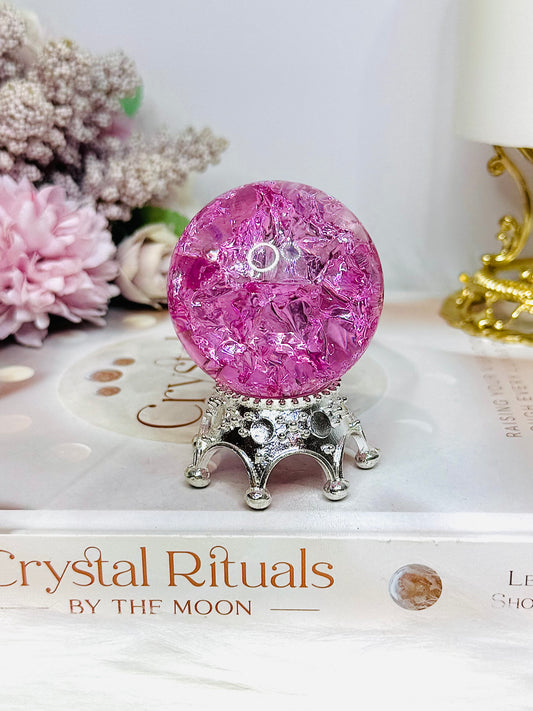 Pink Fire & Ice Crackle Quartz Sphere (dyed) On Stand 157g