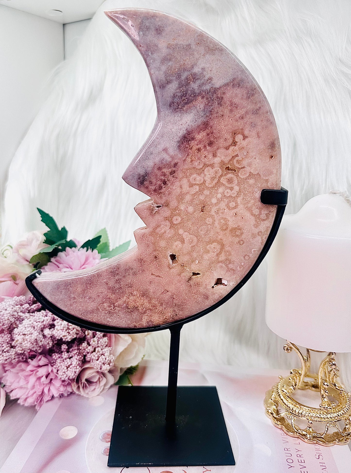 Masterpiece Alert!!! Huge Classy & Fabulous 27cm 1.05Kg Pink Amethyst Carved Druzy Moon On Stand From Brazil