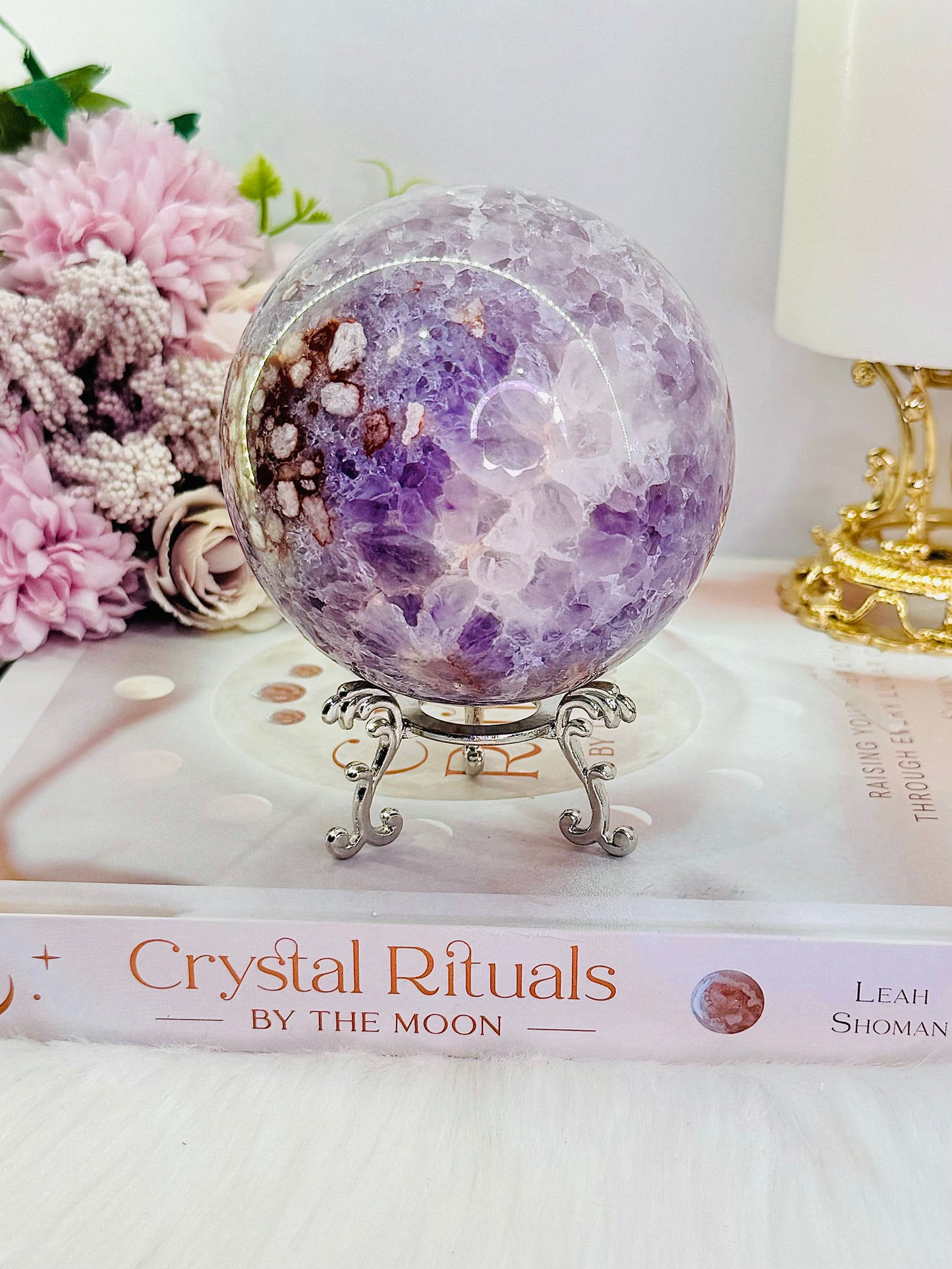 CLASSY!!! FABULOUS!!! MAGICAL!!!
Incredible High Grade Deep Purple Amethyst X Flower Agate Hybrid Sphere 772grams On Silver Stand