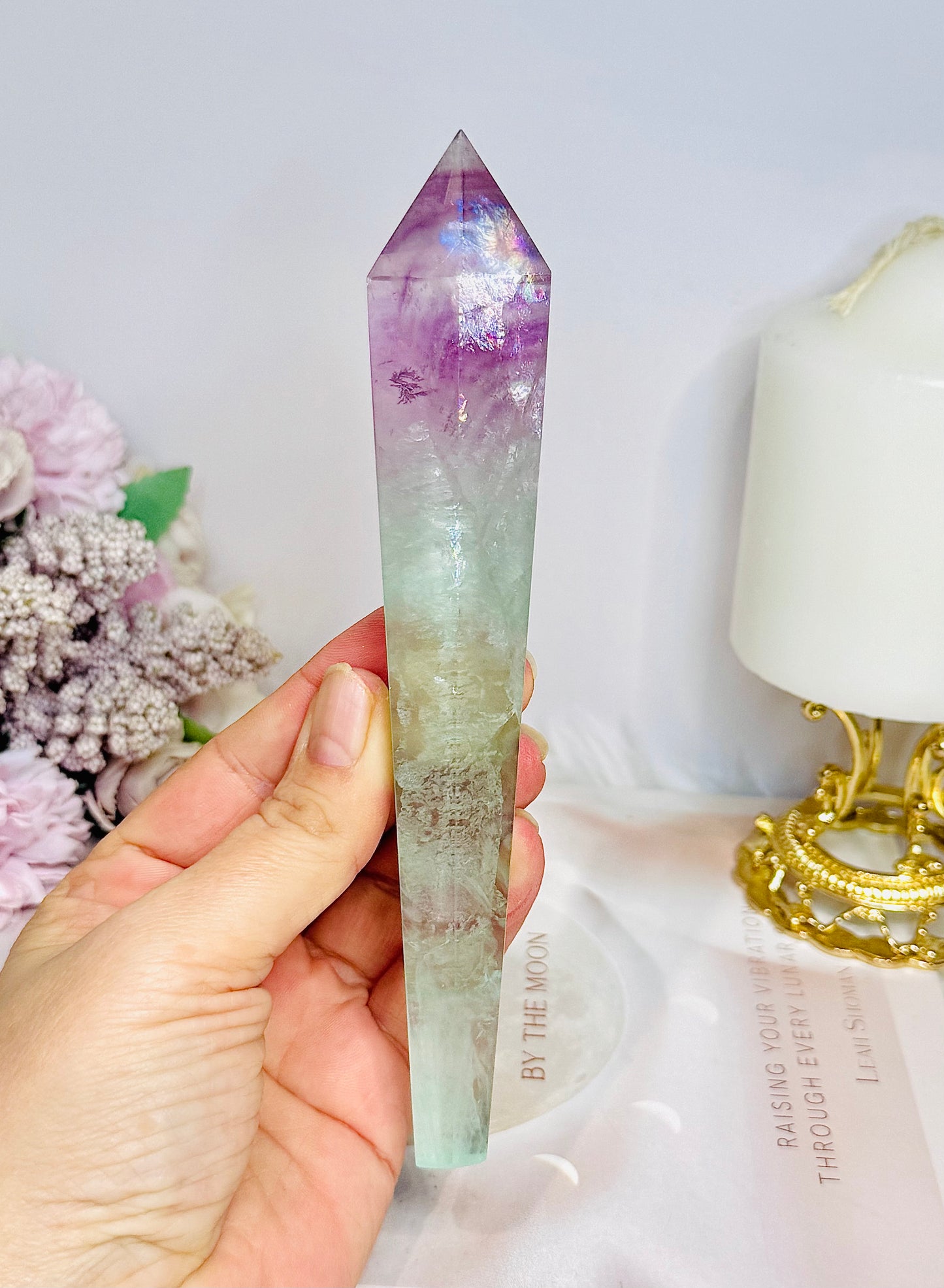Watermelon Fluorite Wand | Tower with Rainbows  17.5cm