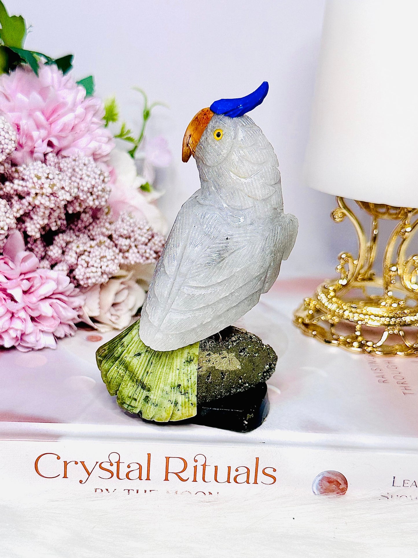 Large 11.5cm Jade Carved Parrot | Bird On Pyrite Stand From Brazil