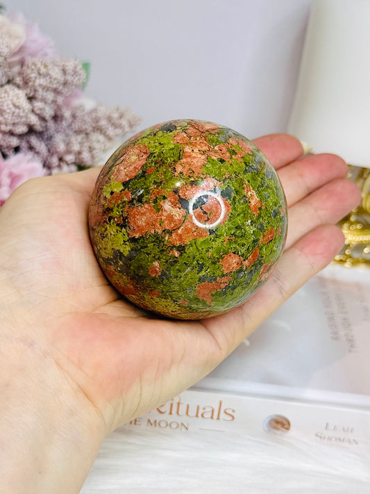 High Grade Large Unakite Sphere on Stand 454g