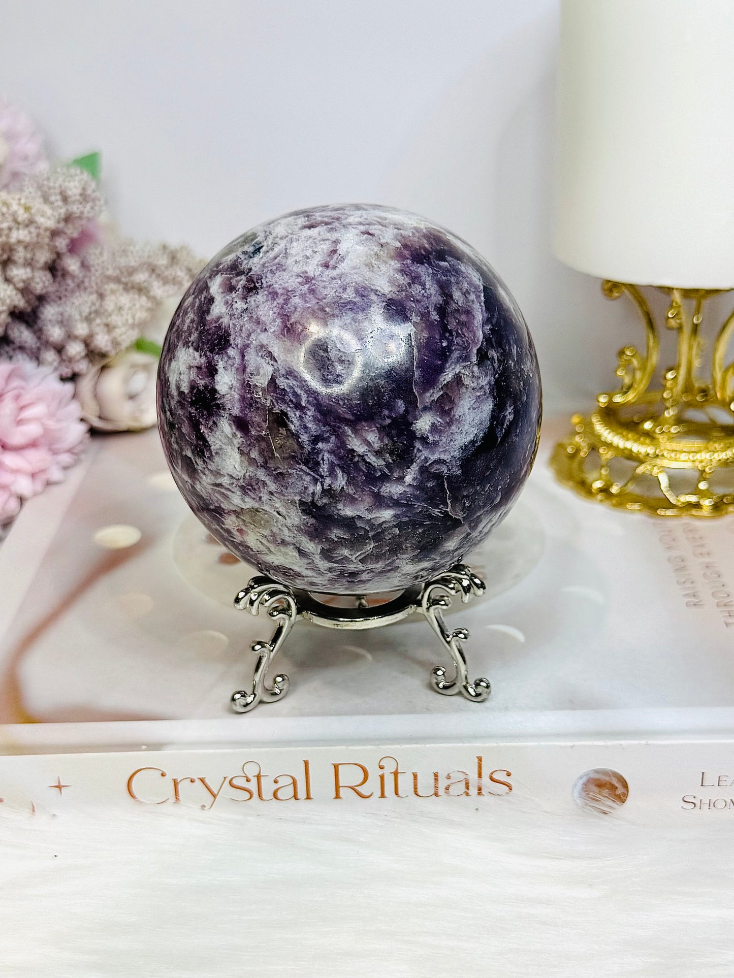 Large Pegmatite | Unicorn Stone (Lepidolite, Pink Tourmaline, Smoky Quartz & Cleavelandite) Sphere on Stand 600g