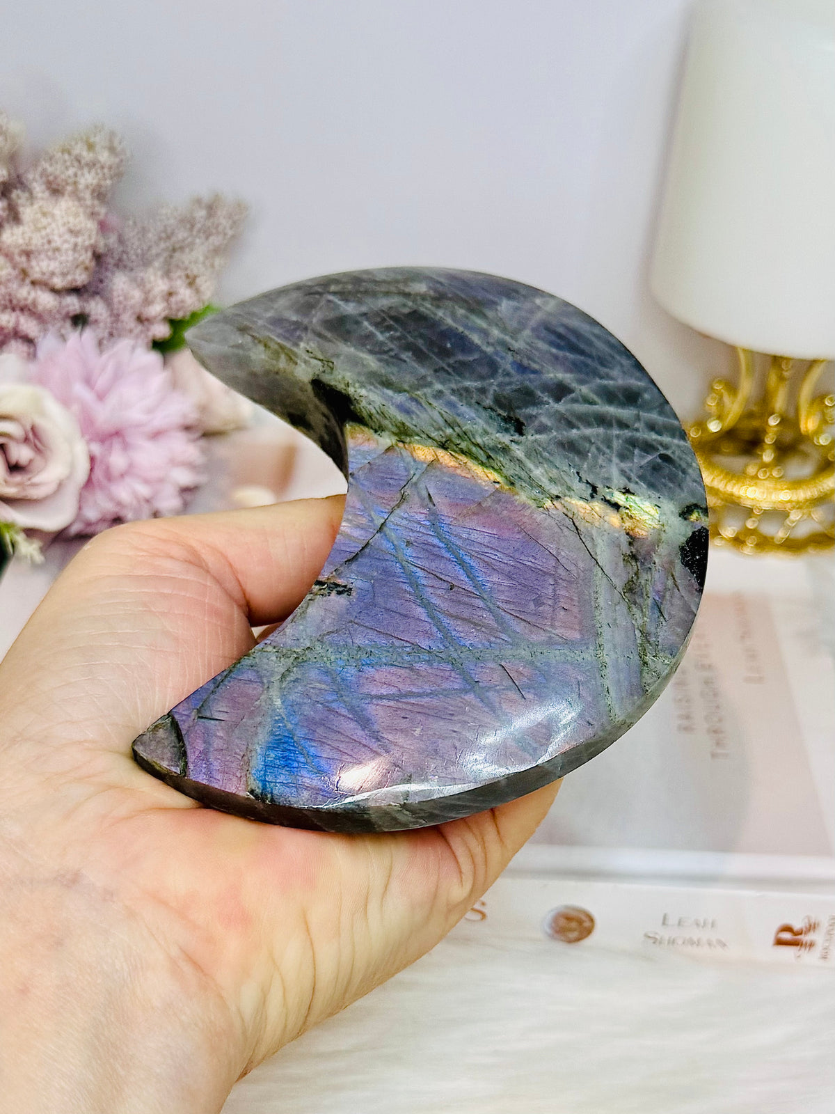 Purple Flash Labradorite Moon on Stand 12cm