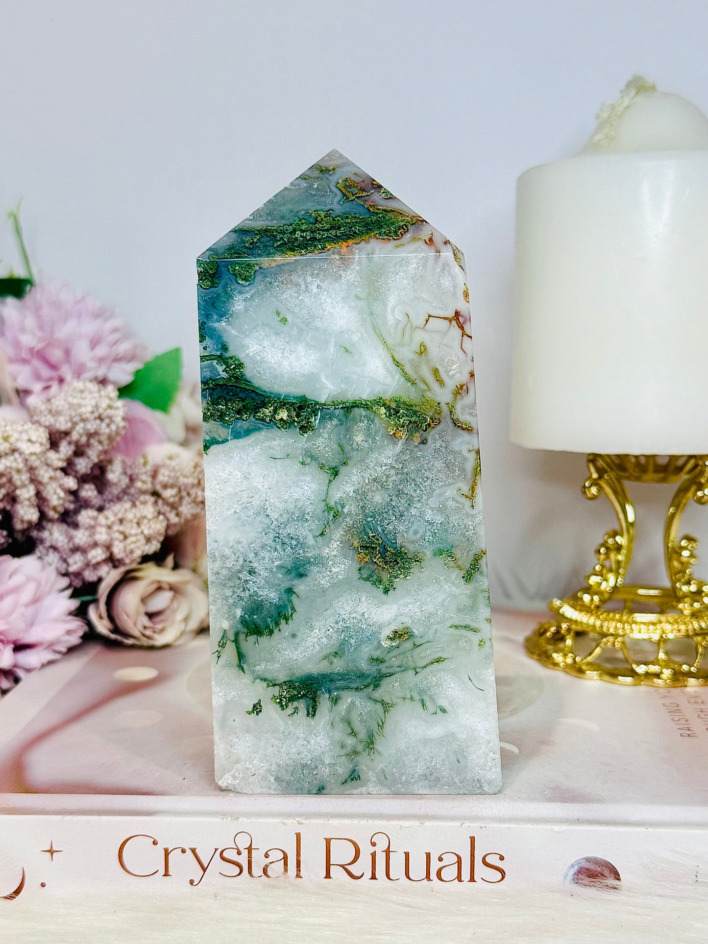 Druzy Moss Agate Thick Chunky Tower 481g