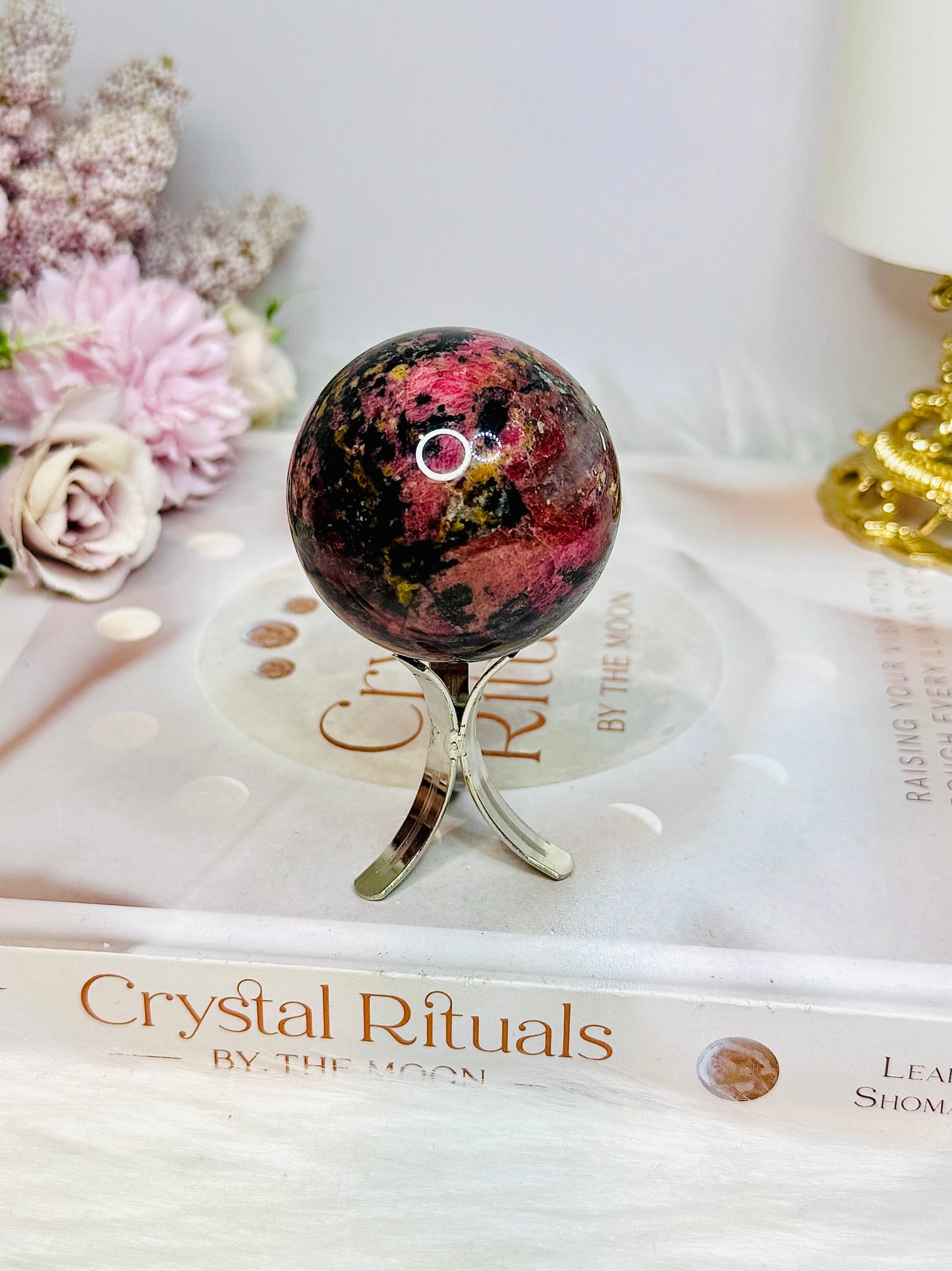 High Grade Rhodonite Sphere on Stand