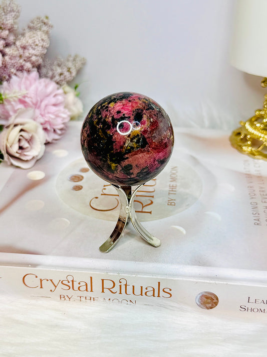 High Grade Rhodonite Sphere on Stand