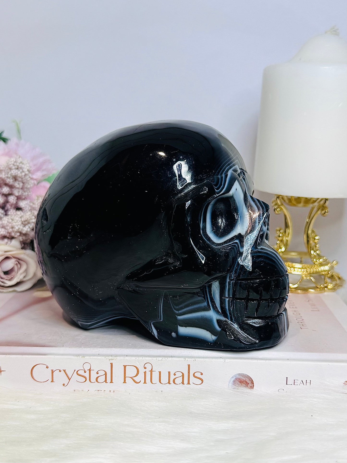 Huge Black Striped Agate Carved Skull 1.85KG 13cm