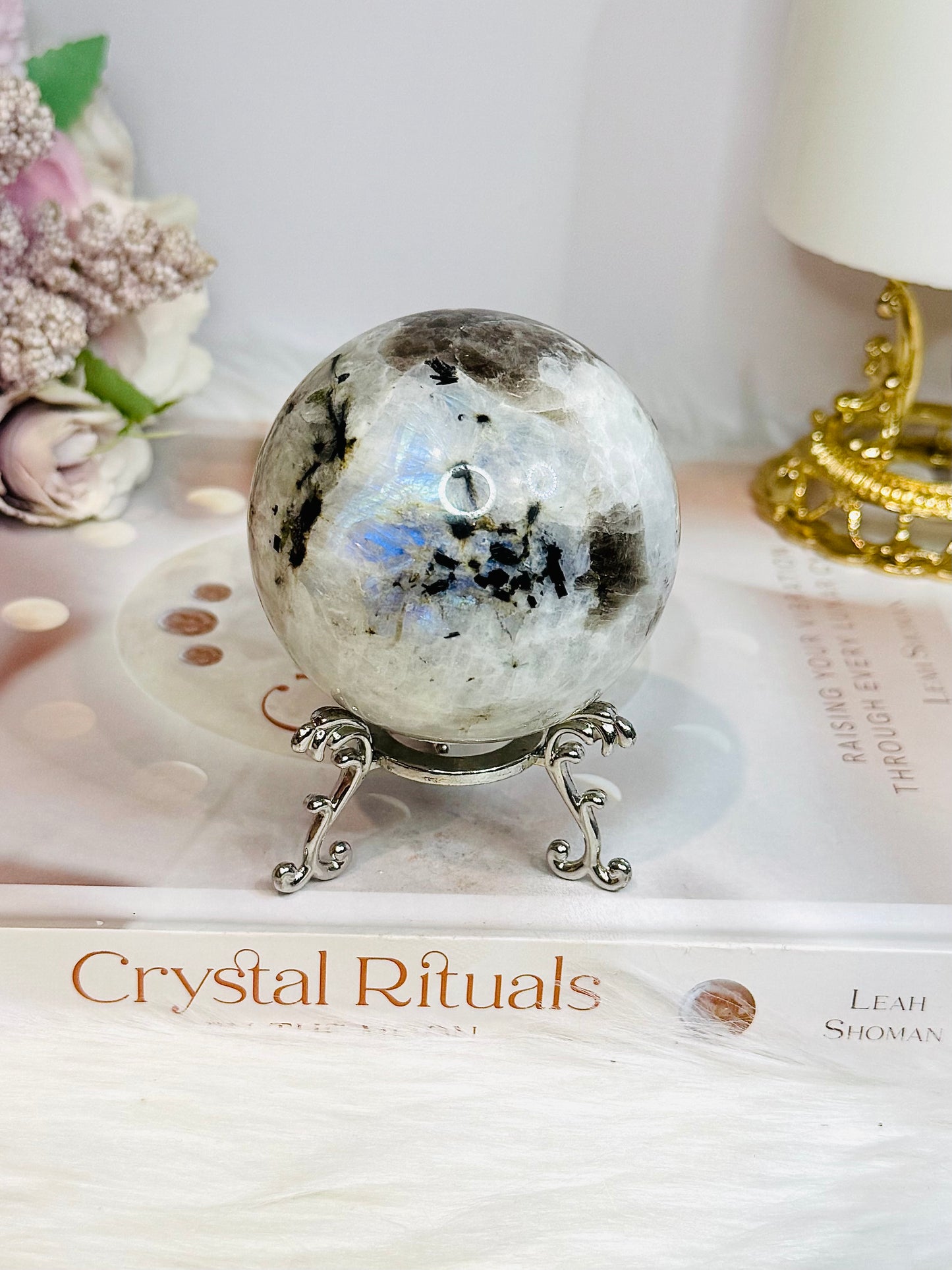 Rainbow Moonstone Sphere on Stand with Blue Flash 337g
