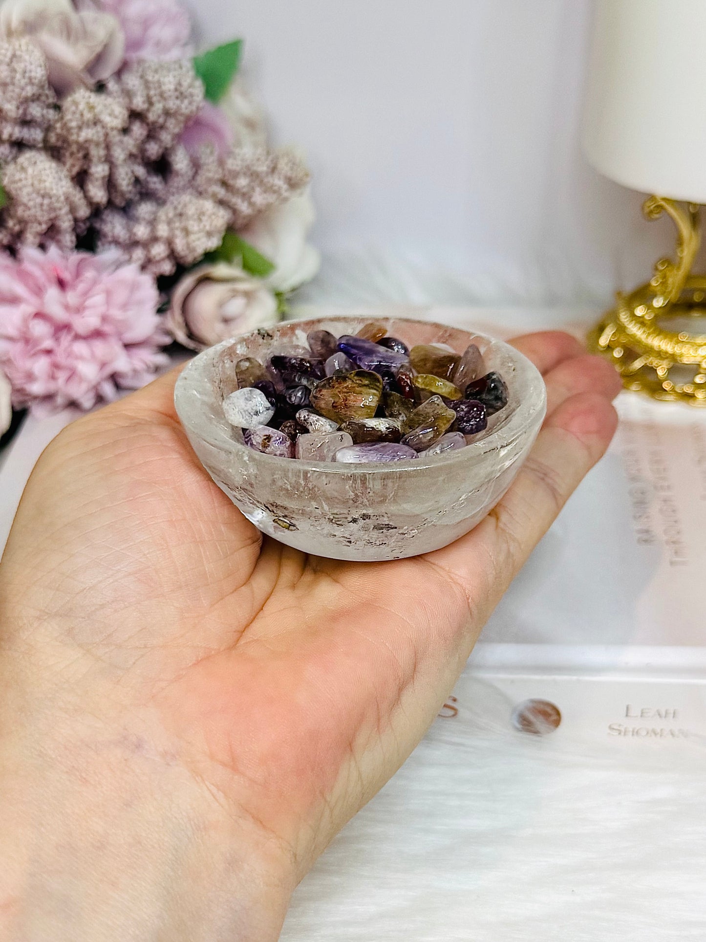 Clear Quartz Small Bowl with Rare Auralite 23 Chips 174g