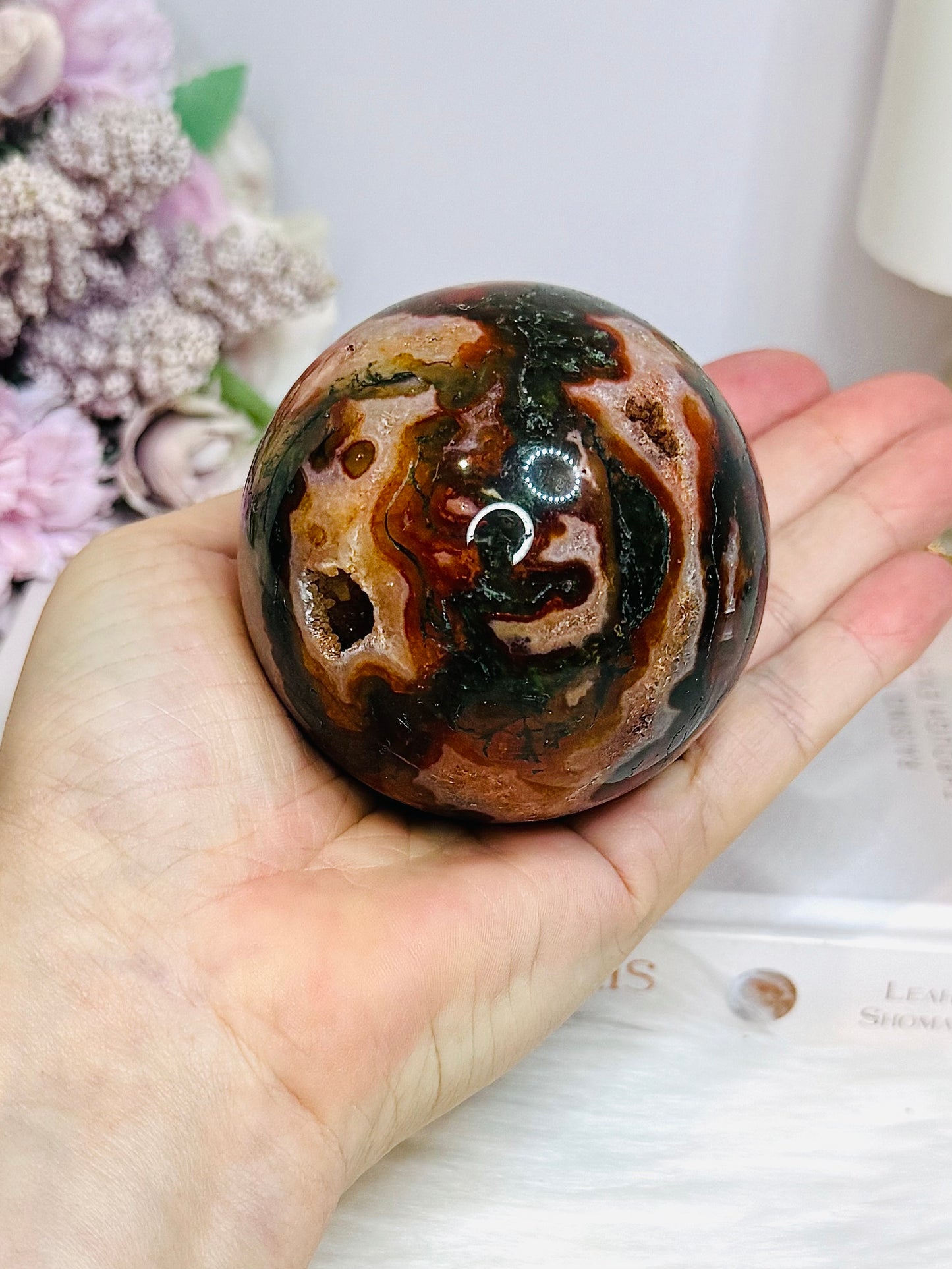 Large Red Moss Agate Druzy Sphere on Stand 452g