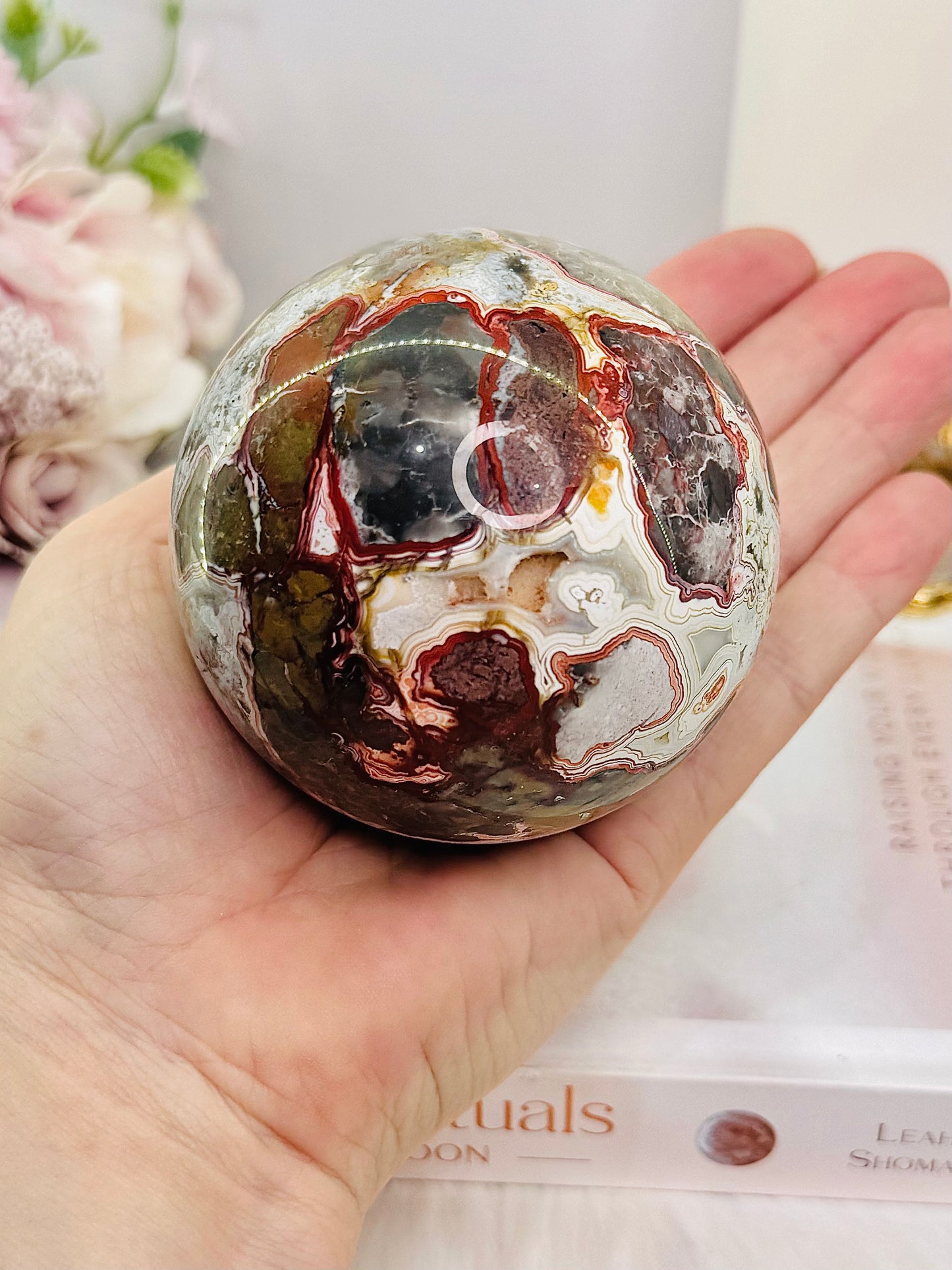 Large Gorgeous Mexican Crazy Lace Agate Druzy Sphere On Stand 552grams