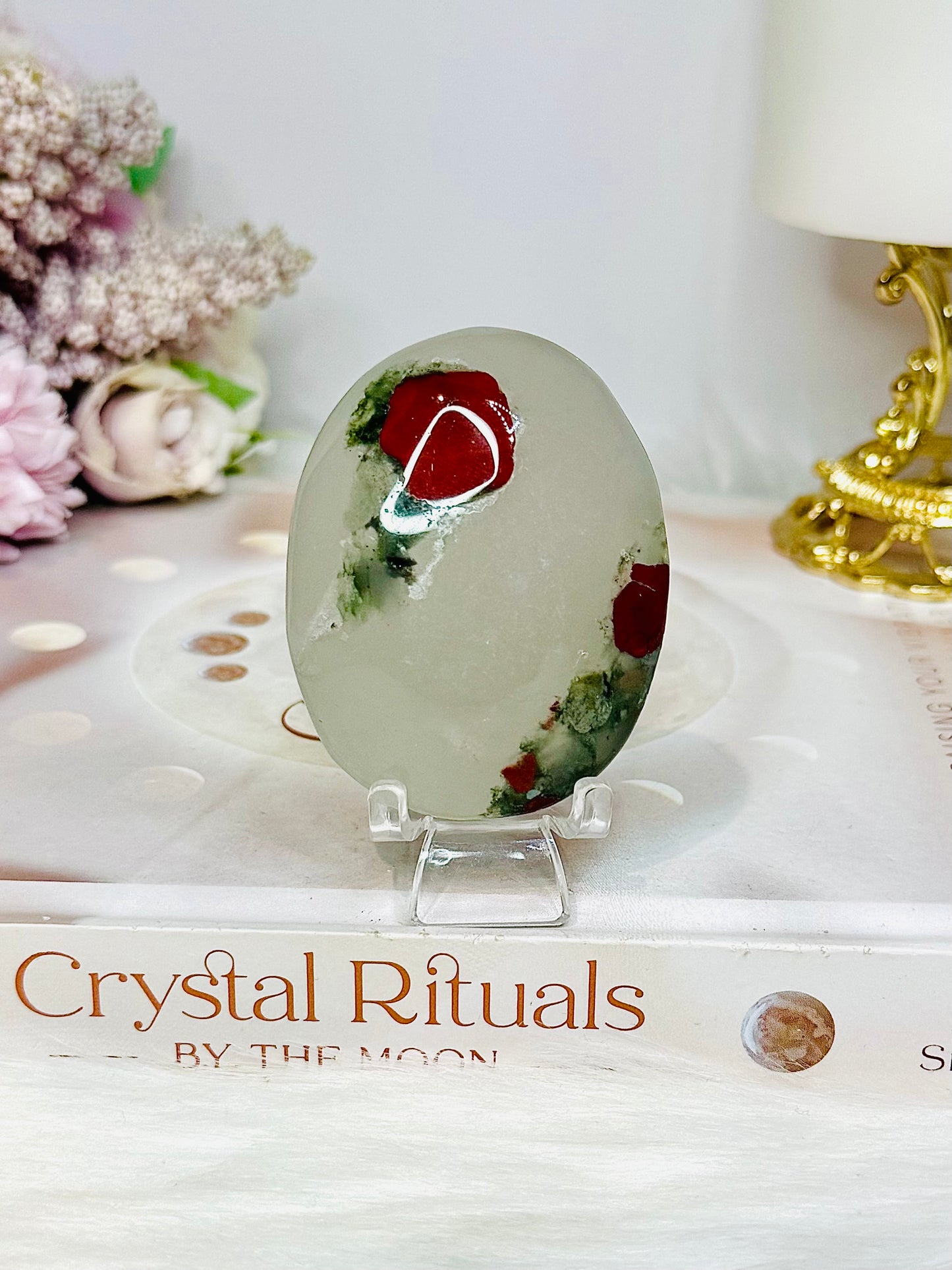Translucent Blood Stone Palm Stone (stand is display only)