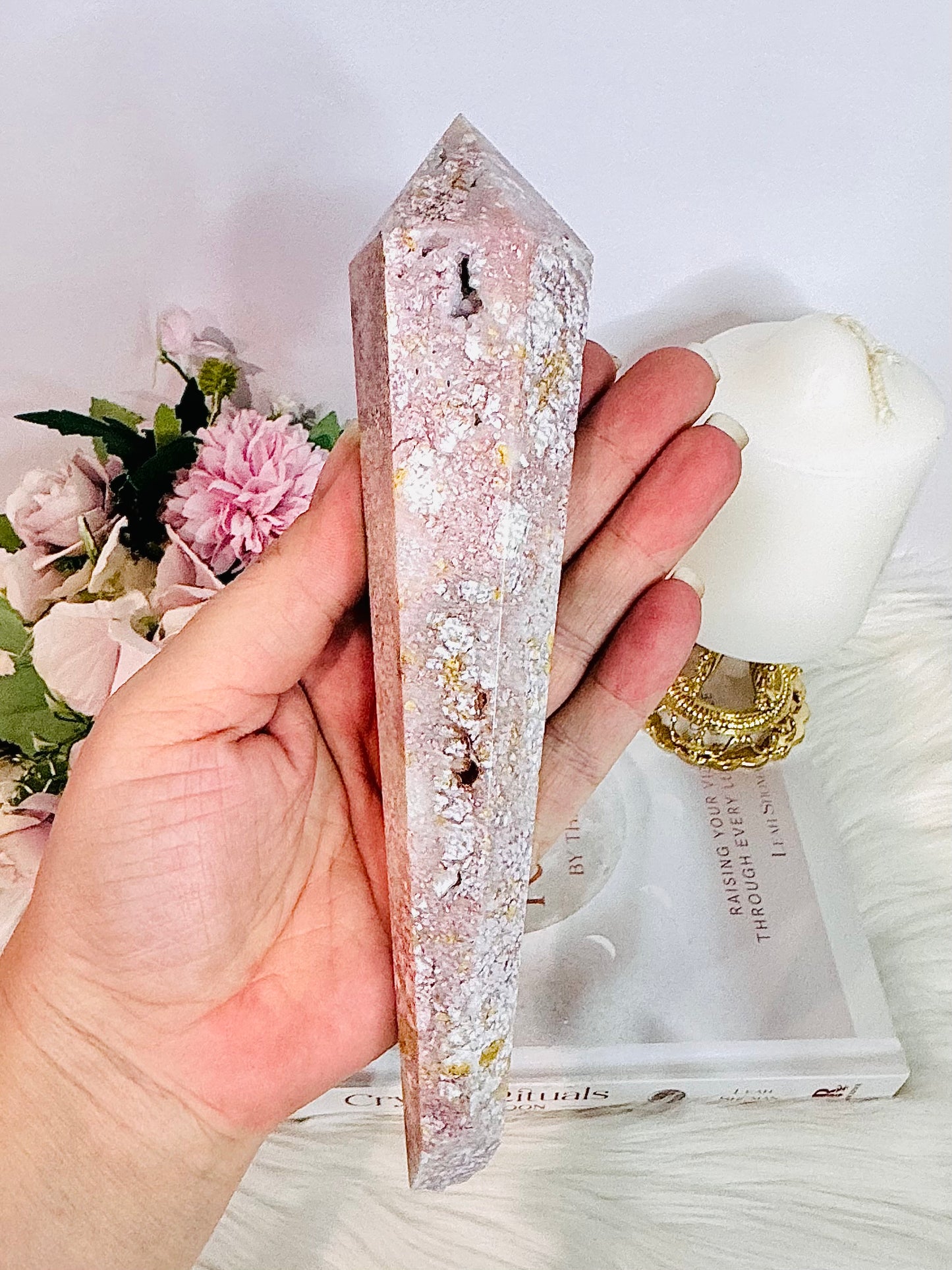 Fabulous Large 20cm Druzy Pink Agate Carved Wand on Stand