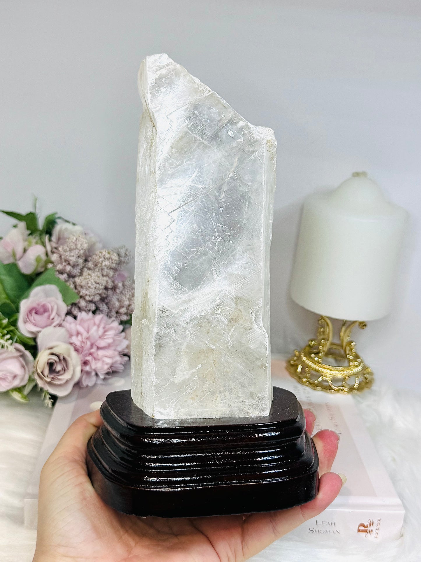 Large Natural Selenite On Timber Stand 21cm 1.1KG