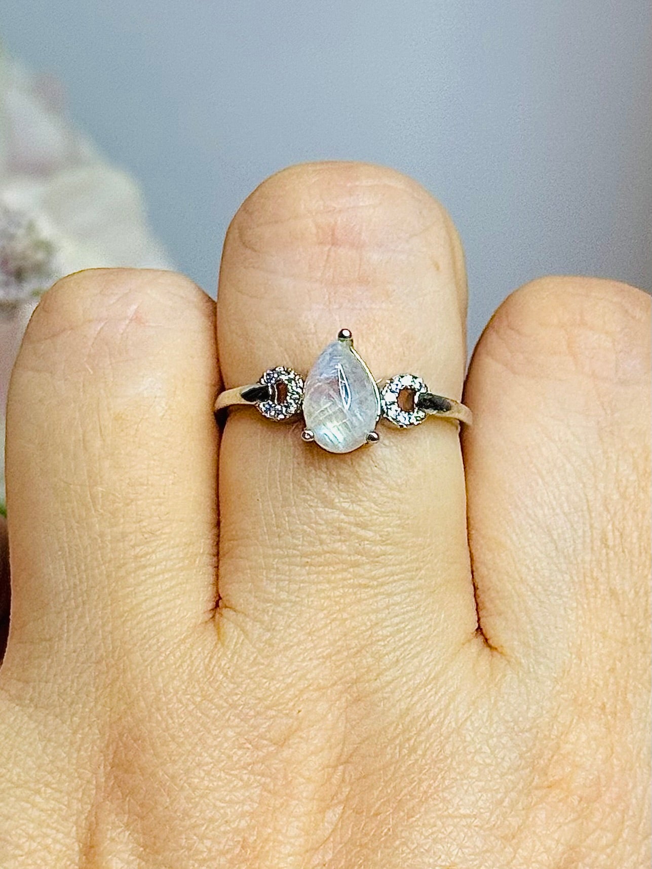 Moonstone With Blue Flash Adjustable Silver Ring