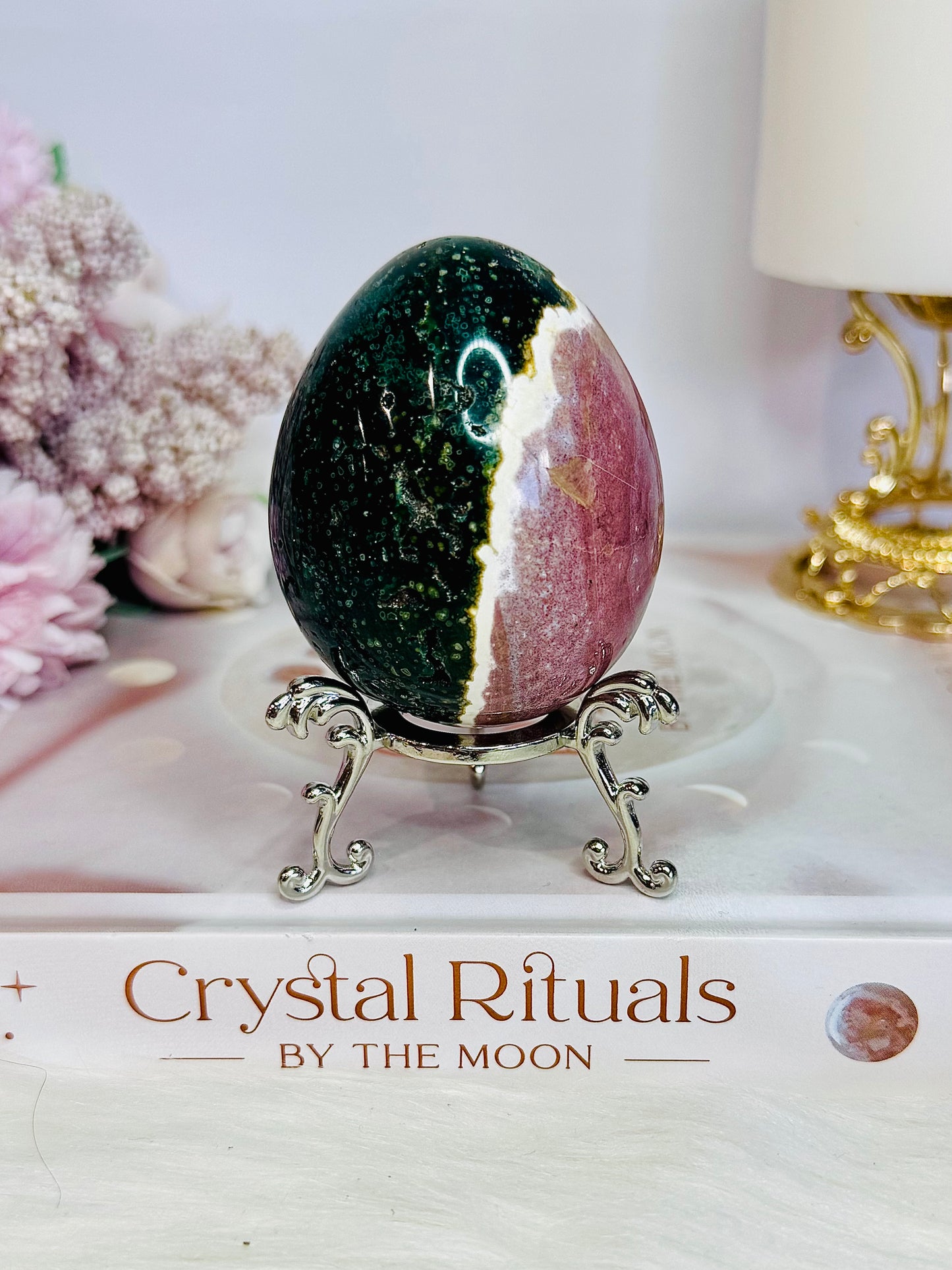 Beautiful Natural Ocean Jasper Carved Egg On Stand