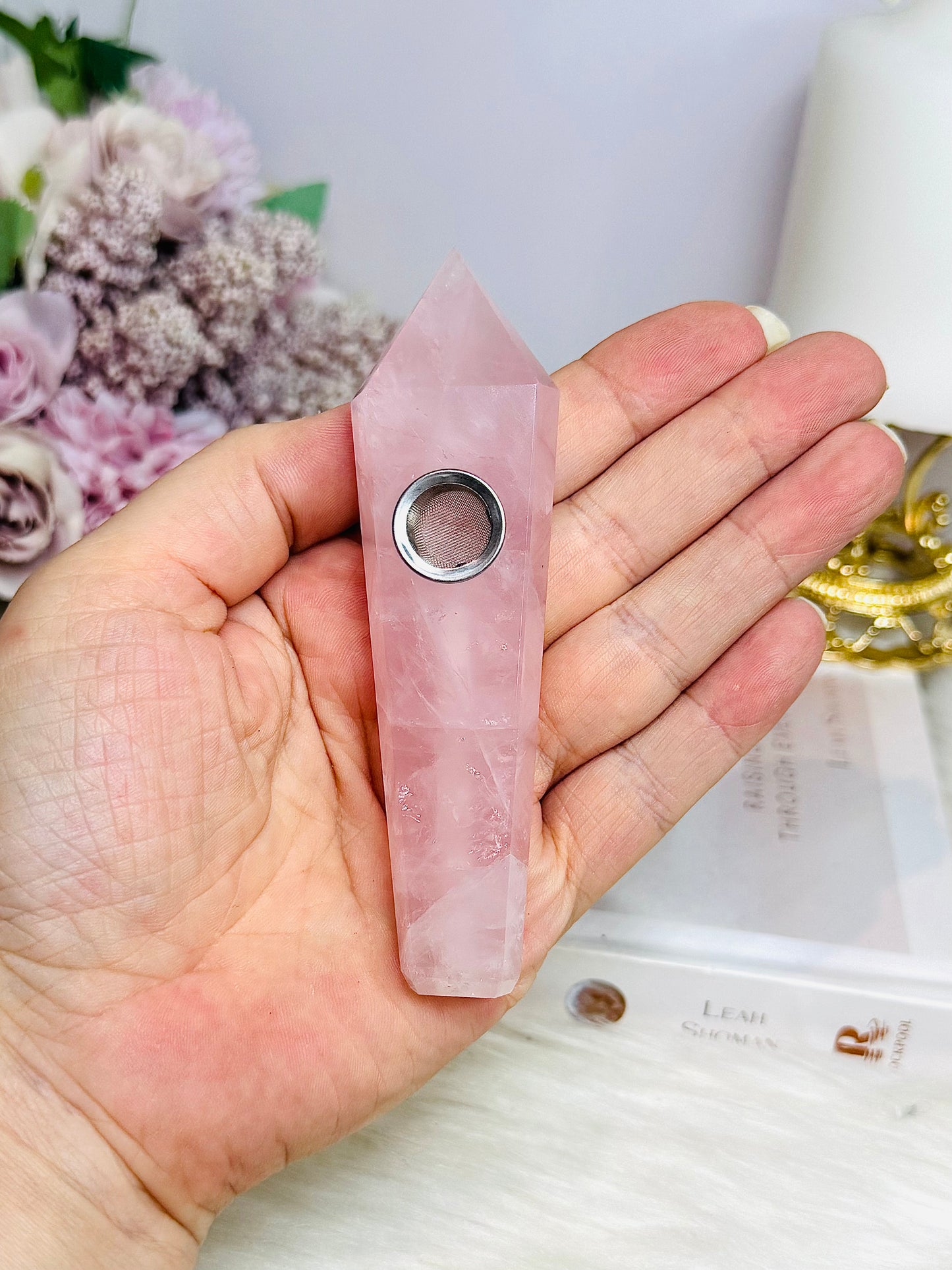 Rose Quartz Carved Pipe 11cm