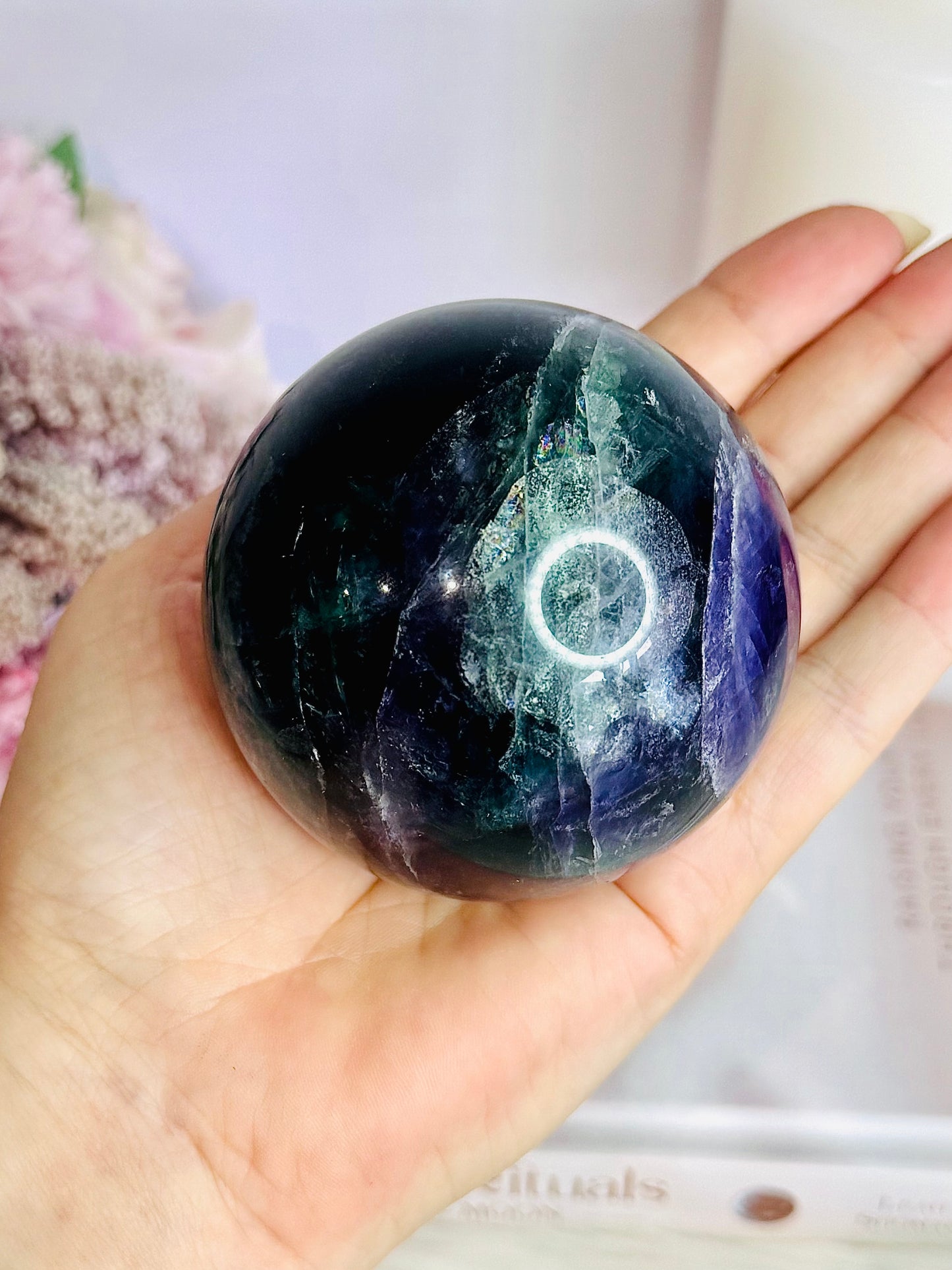 Incredibly Stunning Large 598gram Rainbow Fluorite Sphere On Stand with Amazing Rainbows