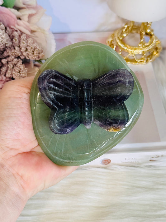 Beautiful Large Rainbow Fluorite Carved Butterfly On Green Aventurine Lillypad / Leaf 10cm