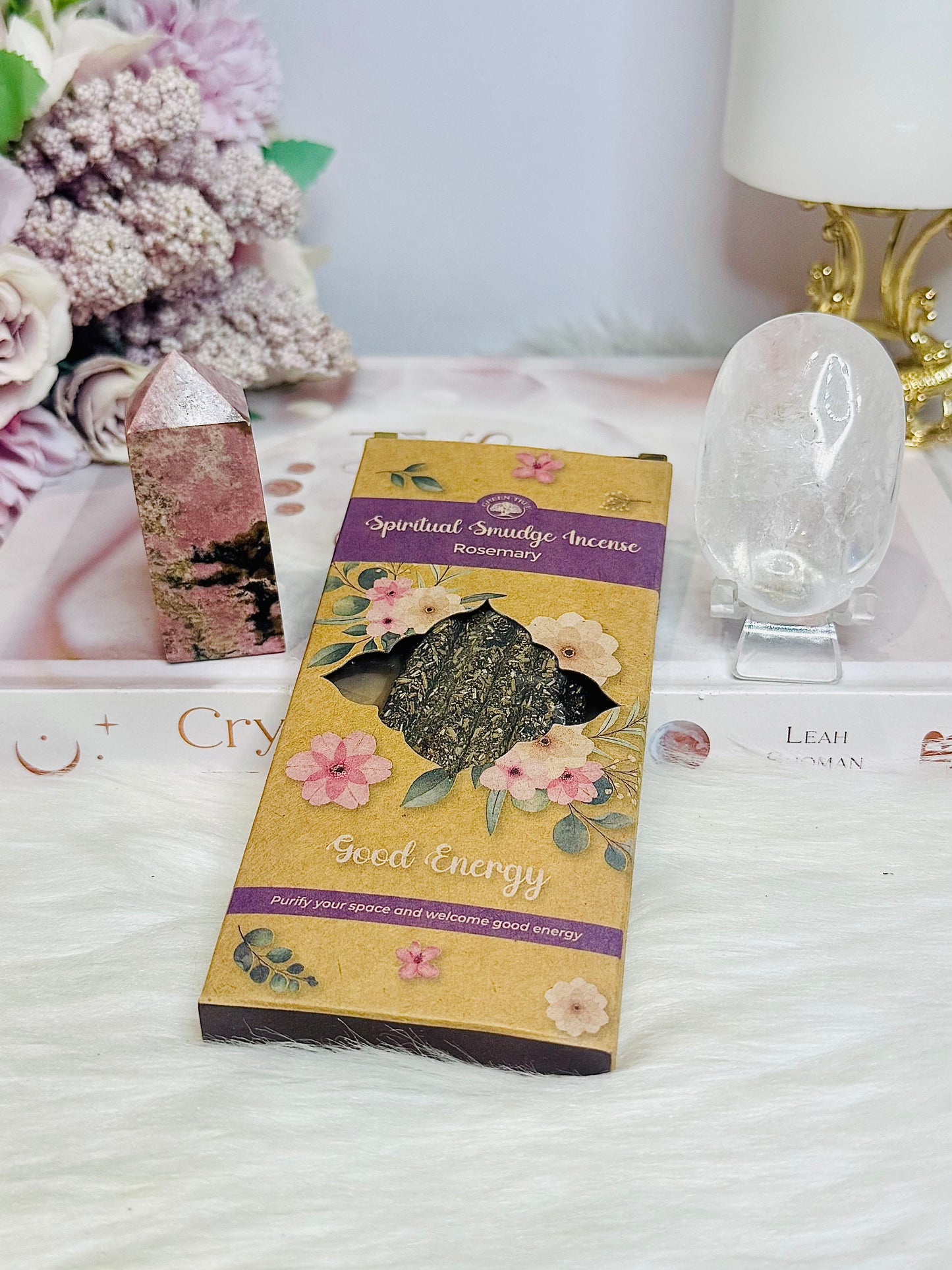 🎁 Christmas Gift Pack ~ Pack Rosemary Smudge Sticks, Rhodonite Tower & Clear Quartz Palm Stone 🎁