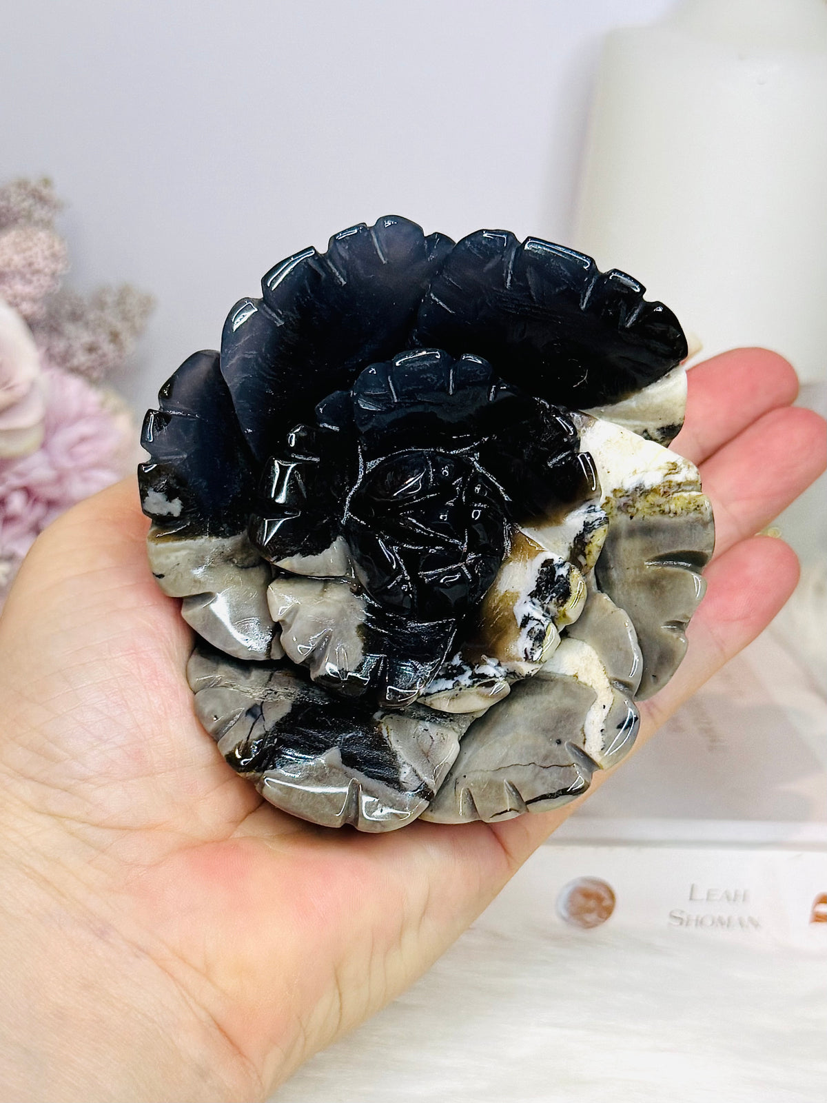 Large Volcano Agate (UV Reactive) Carved Flower 386g
