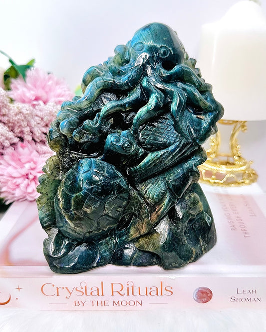 OMG!!!! ABSOLUTELY INCREDIBLE !!!!! Stunning & Full of Flash Huge 1.2KG 17cm Tall Labradorite Carved Sea Life With An Octopus & Turtle Such a Special Piece