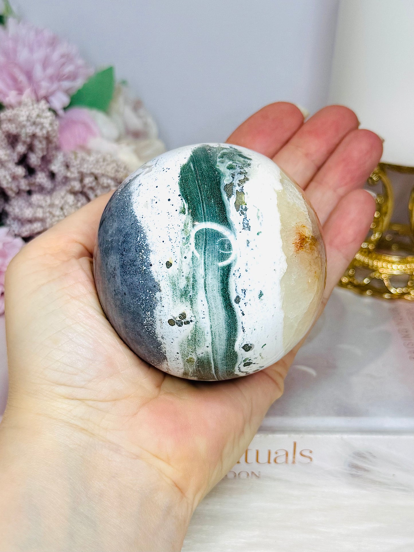 Large Ocean Jasper Sphere on Stand 489g