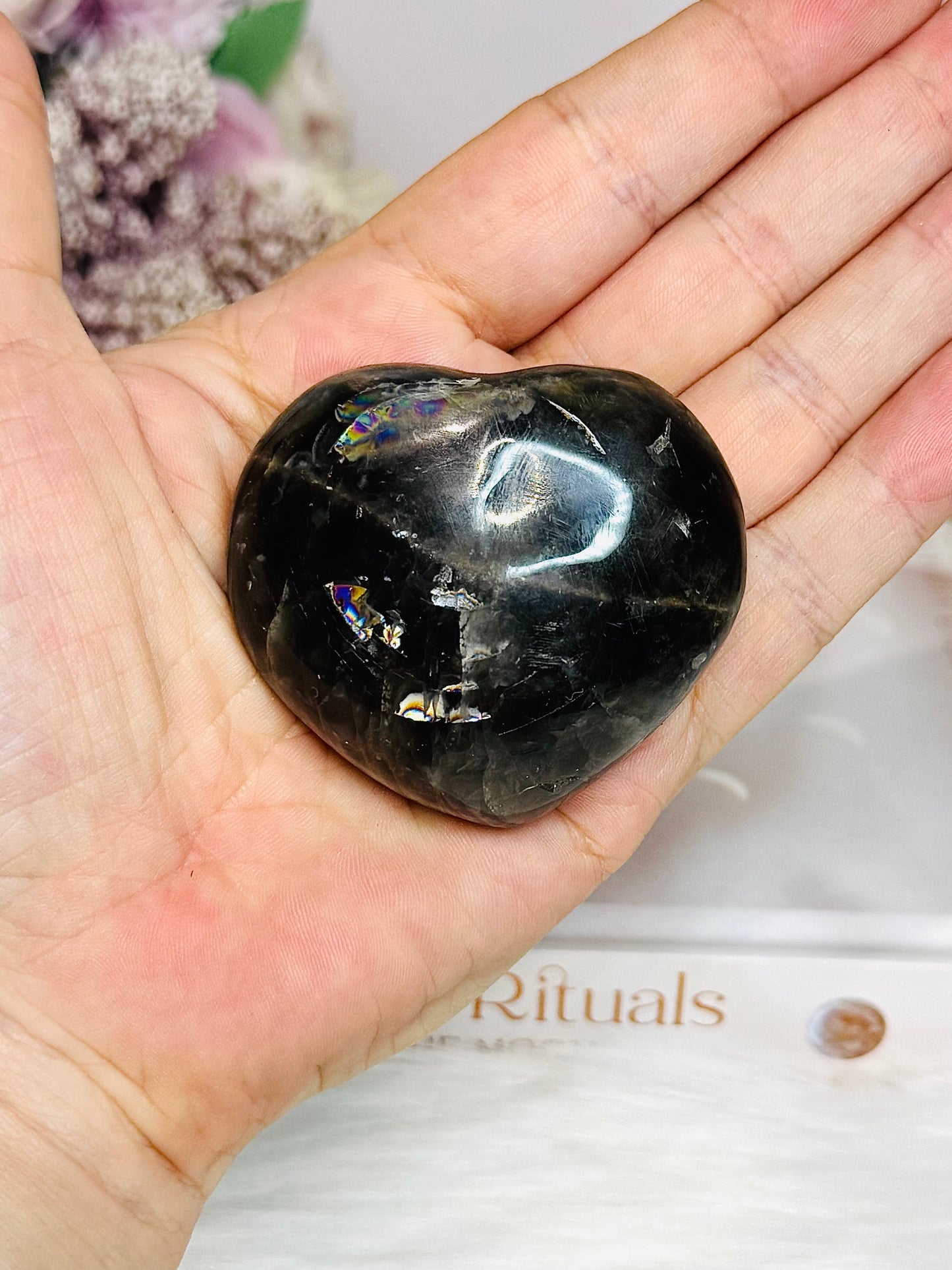 Chunky Black Moonstone Carved Heart with Rainbows 5.5cm