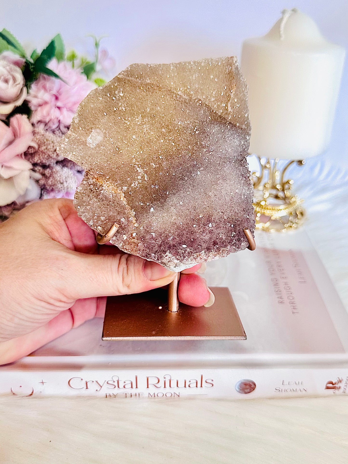 Absolutely Gorgeous Shiny Zeolite | Flower Amethyst Slice On Rose Gold Stand From Brazil 13cm