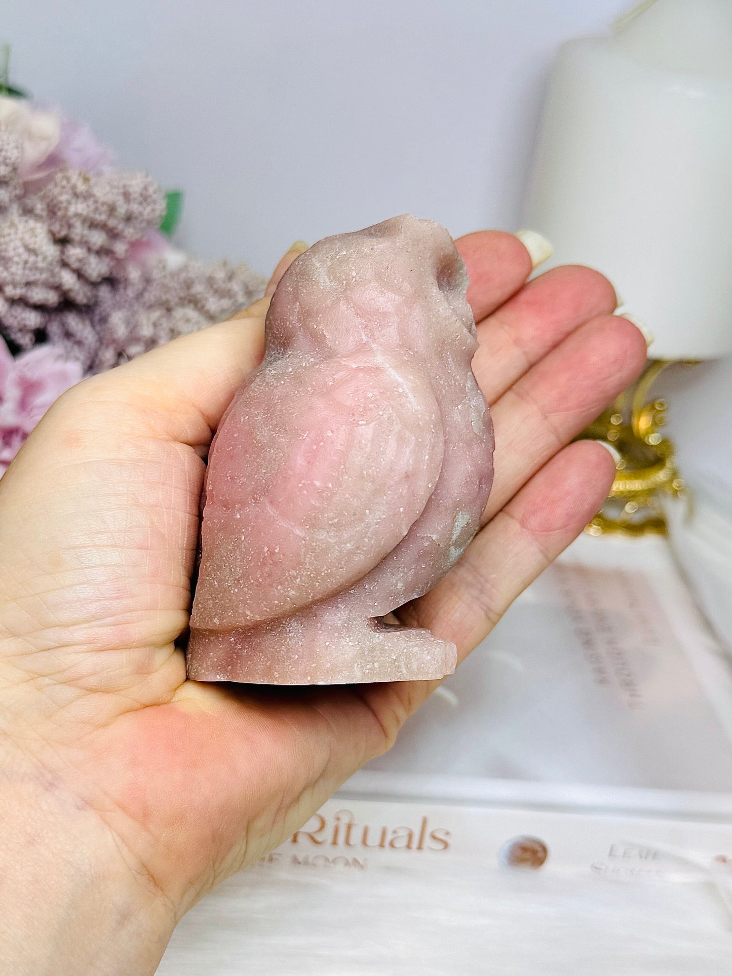 Large Pink Opal Carved Owl 8cm 305g