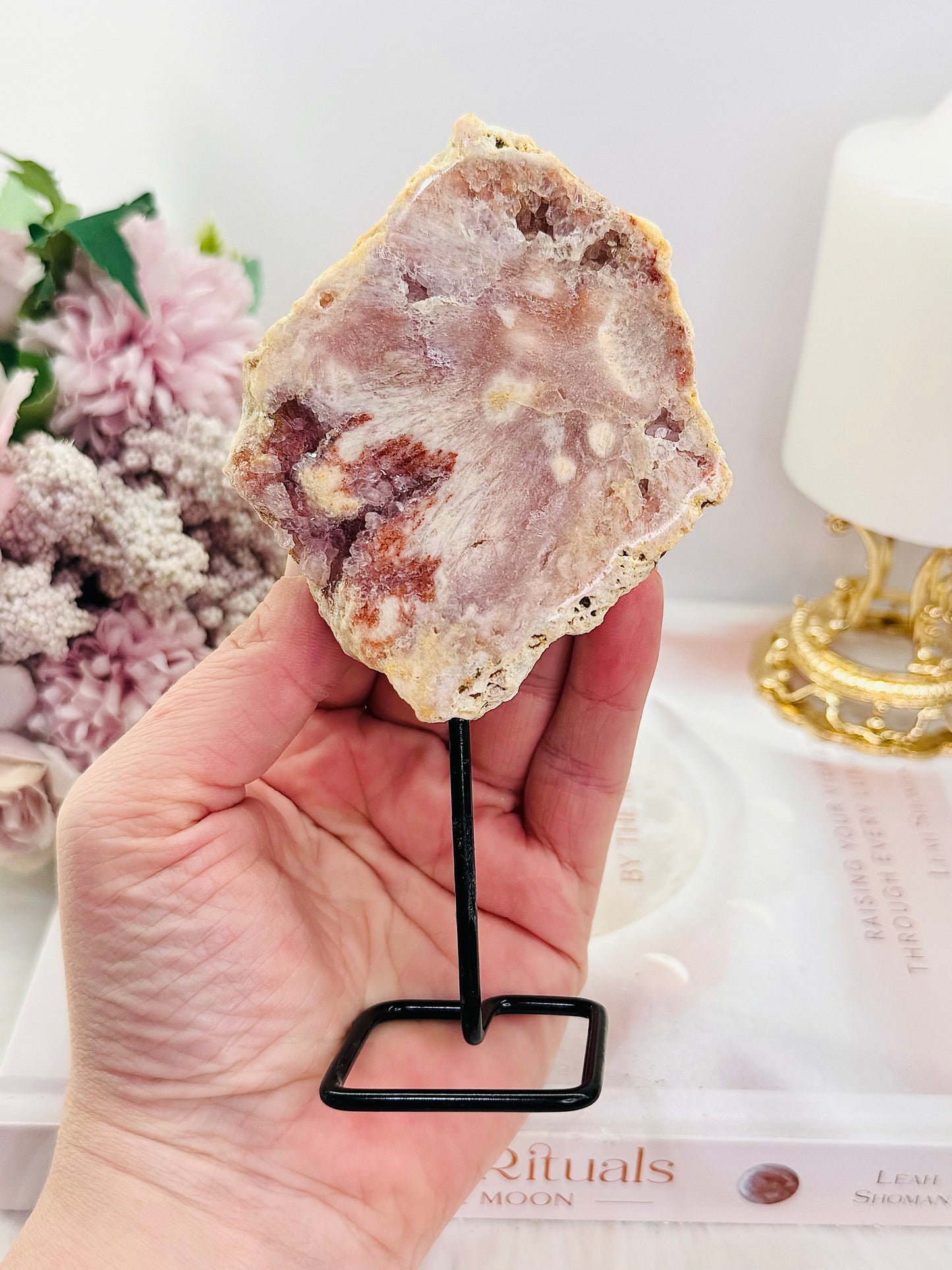 Natural 14.5cm Pink Amethyst Druzy Slab On Stand