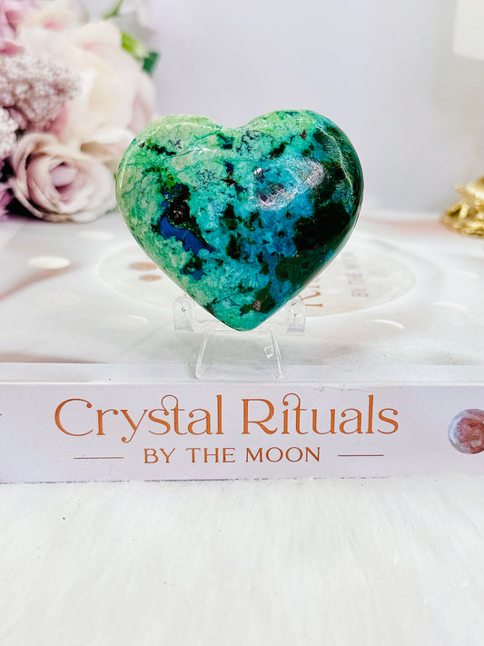 Beautiful 5cm Puffy Chrysocolla Carved Heart On Stand