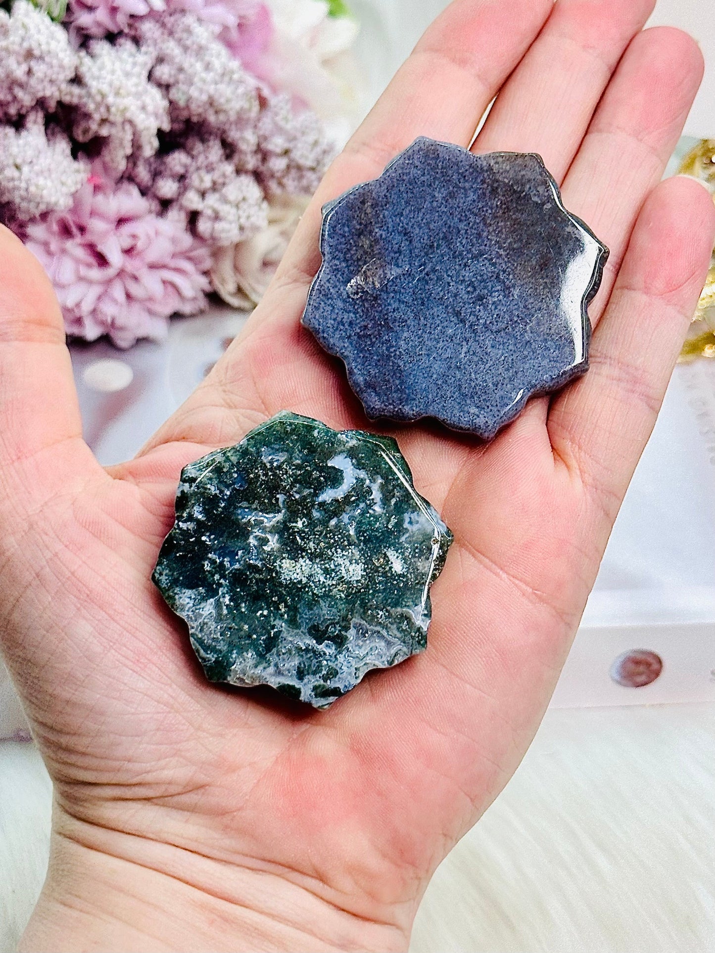 Set of 2 Lotus Holders ~ Moss Agate & Ocean Jasper