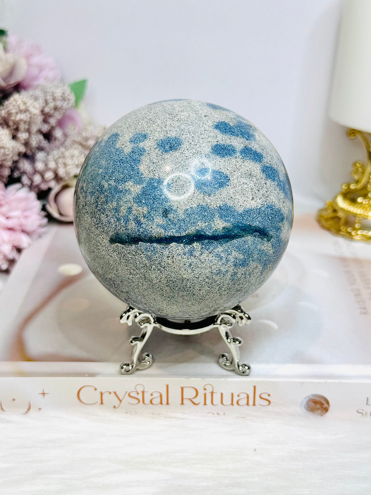 Large K2 Granite with Azurite Sphere On Stand 770g