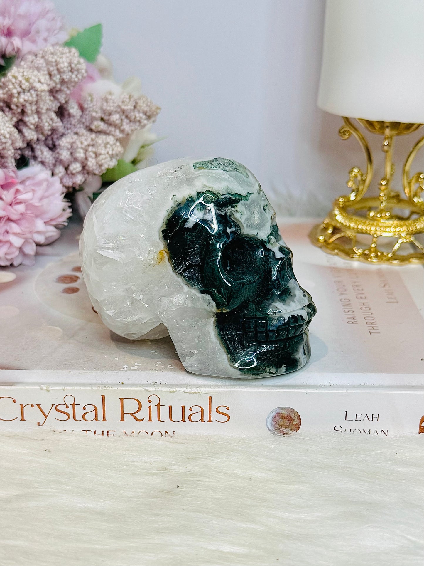 Large Moss Agate Carved Skull 9cm 469g