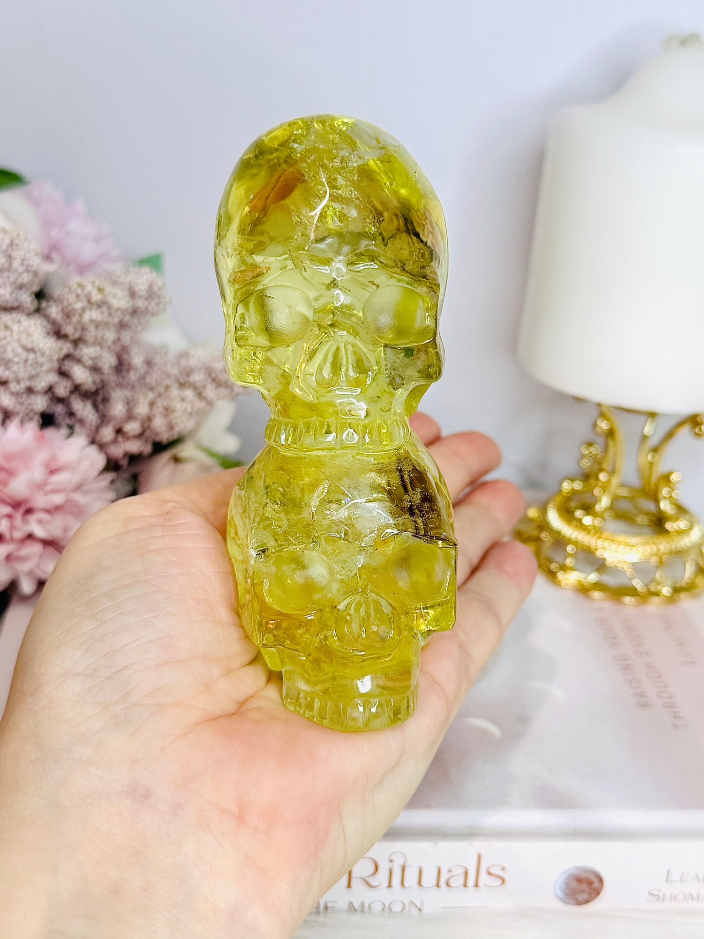 High Grade Citrine Carved Skulls with Rainbows 12cm 425g