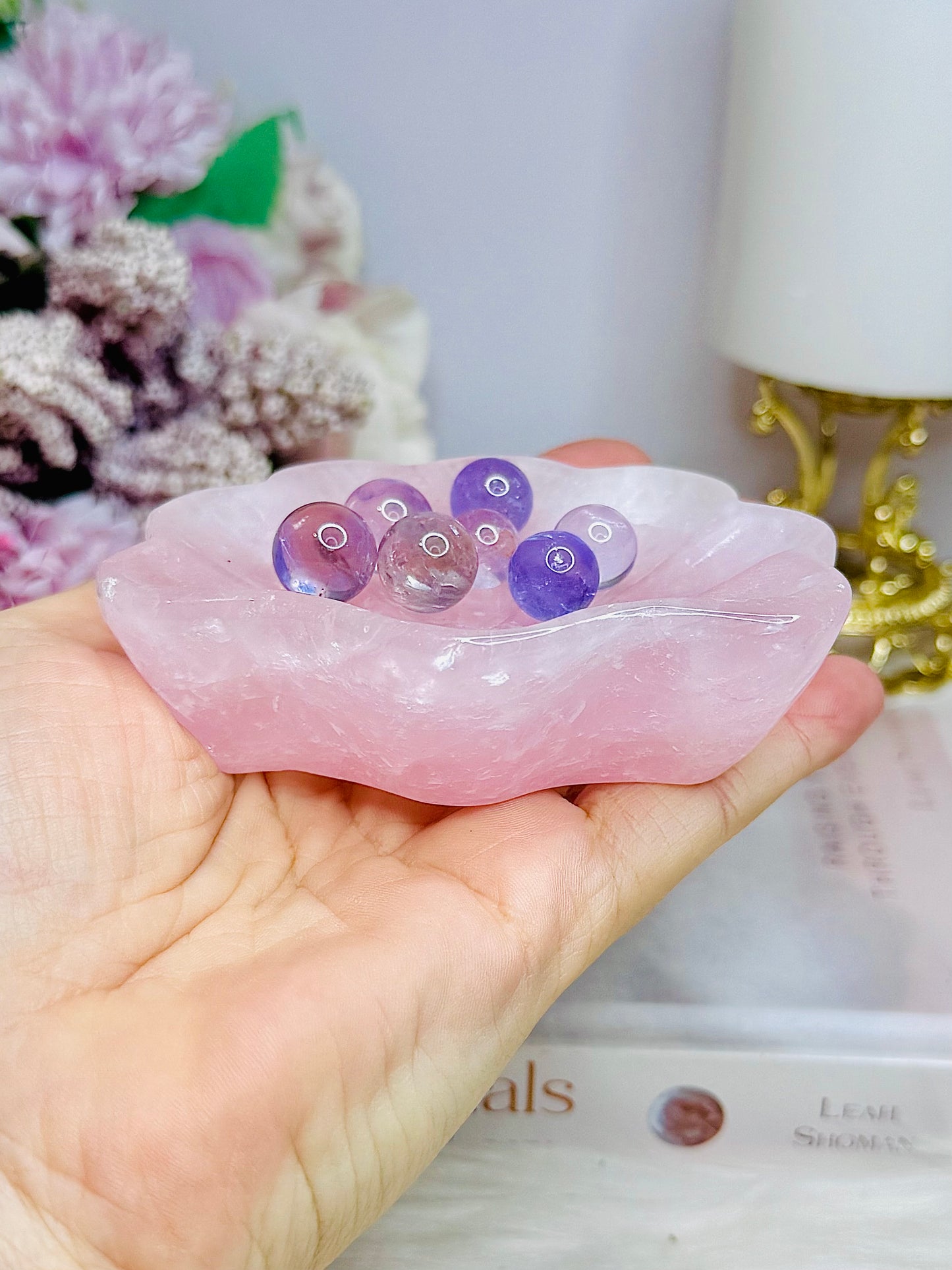 Rose Quartz Carved. Chunky Shell with Mini Amethyst Spheres 9cm