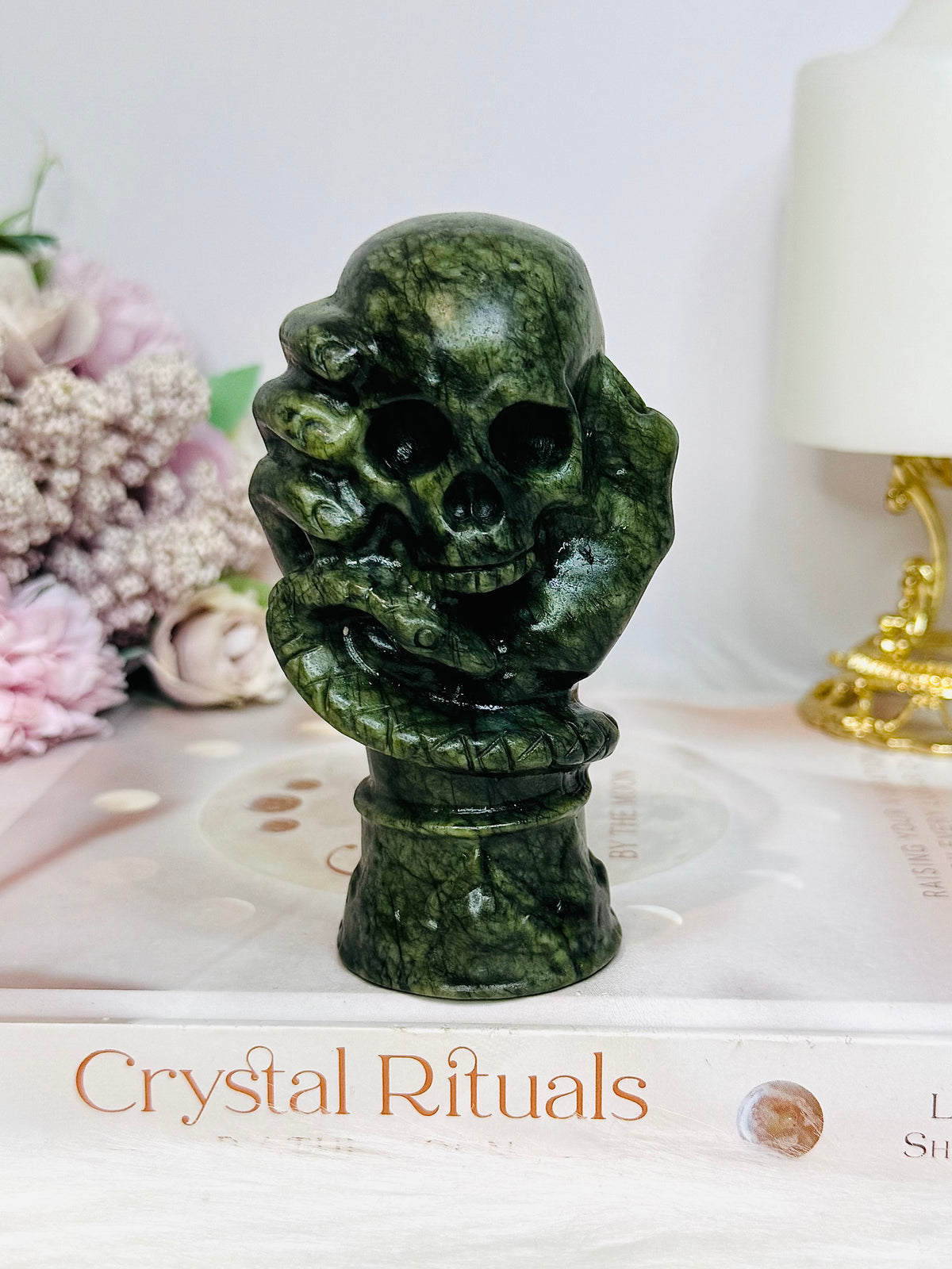 Green Jade Carved Skull, Hand & Snake 11cm 379g