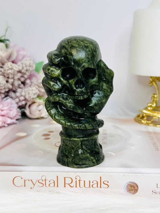 Green Jade Carved Skull, Hand & Snake 11cm 379g