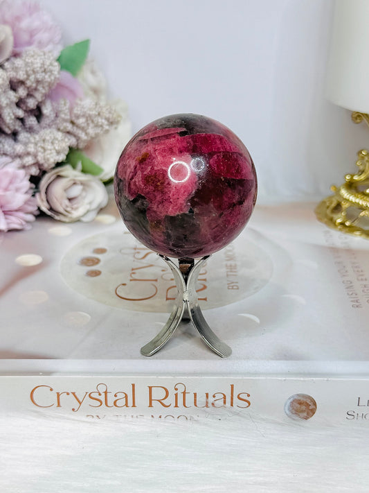 High Grade Rhodonite Sphere On Stand 200g