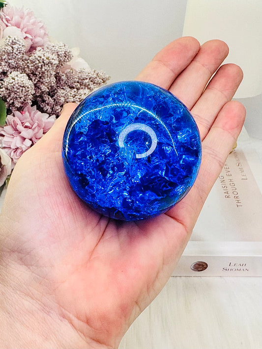 Bright Blue (Dyed) Fire & Ice | Crackle Quartz Sphere on Stand 278grams