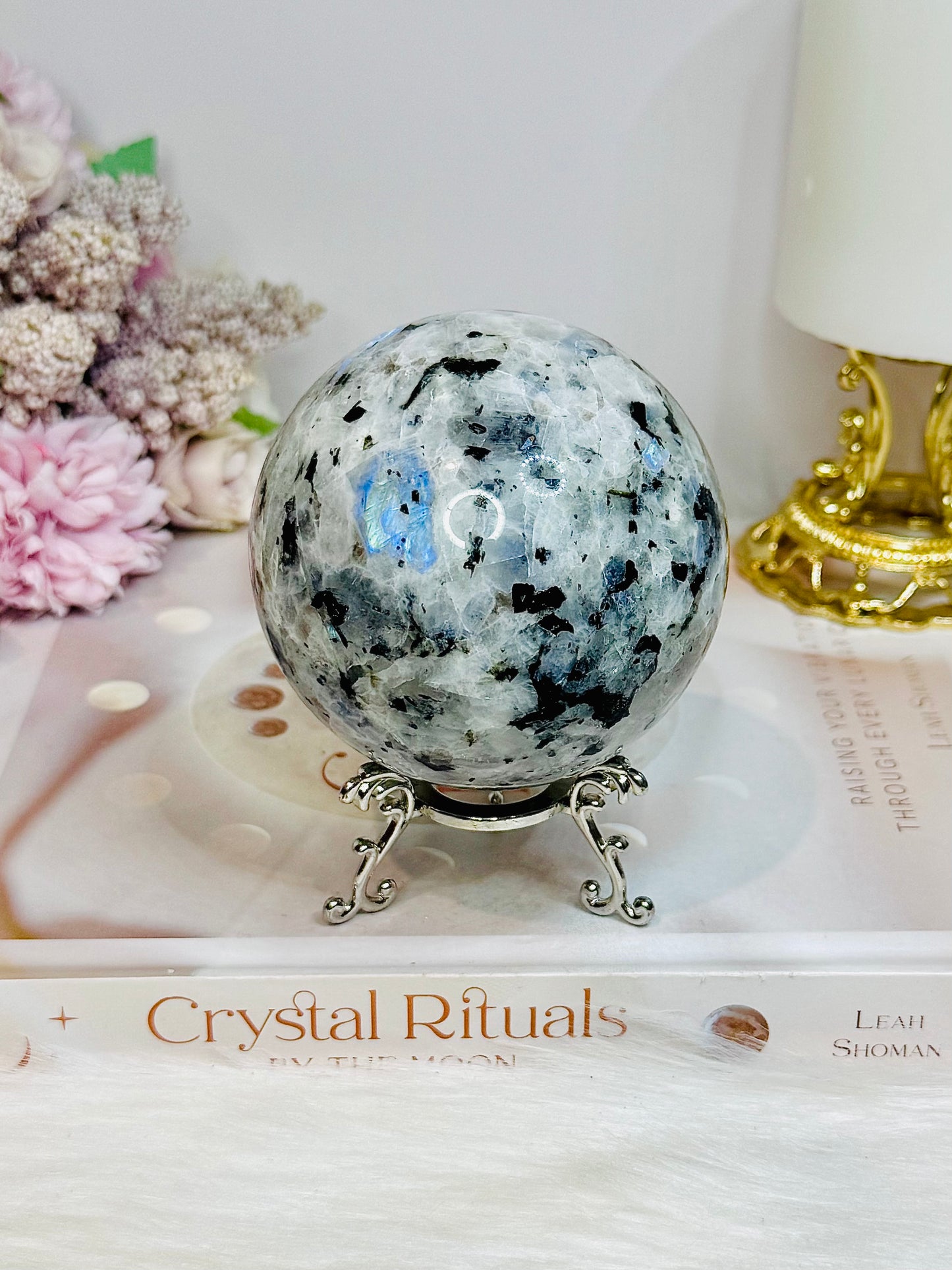Large Rainbow Moonstone Sphere on Stand with Blue Flash 617g