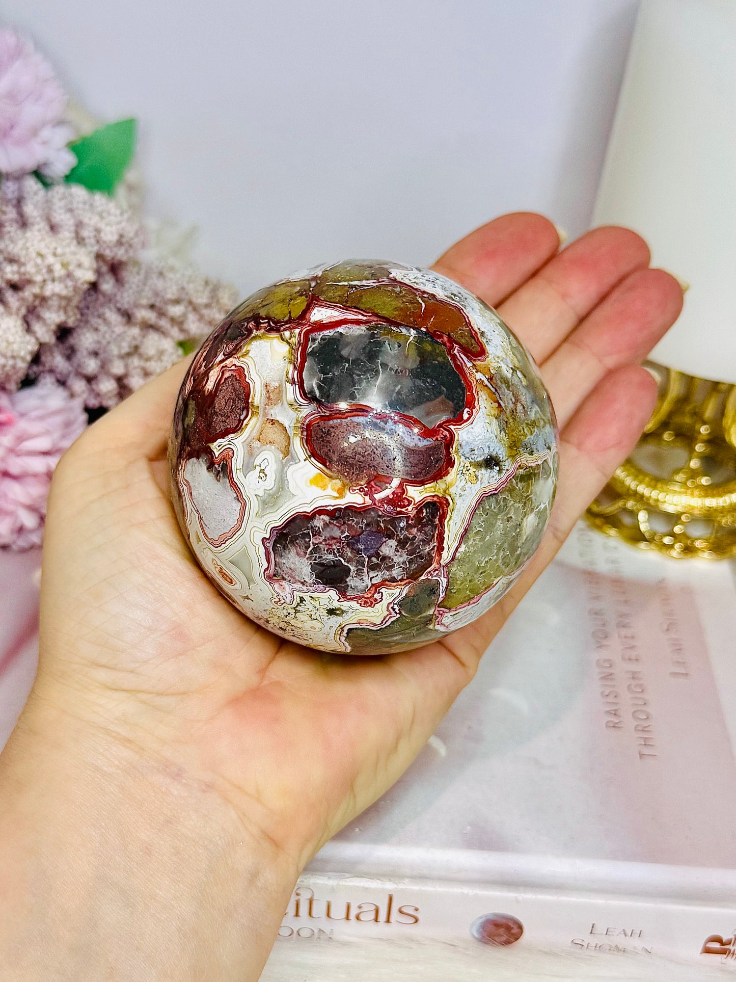 Large Mexican Crazy Lace Agate Druzy Sphere On Stand 552grams