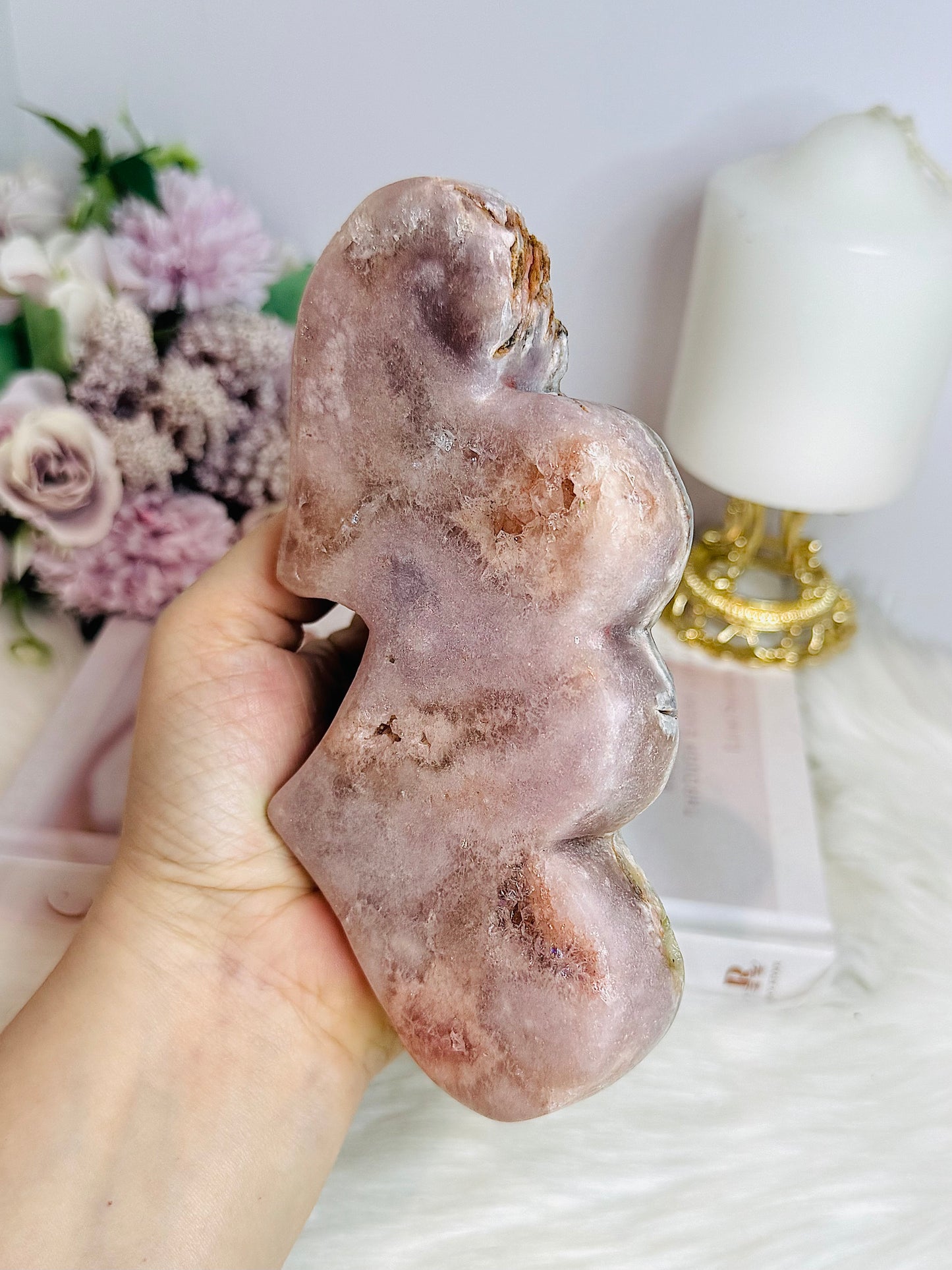 Large Pink Amethyst Druzy Double Hearts On Stand 15cm Long 473g