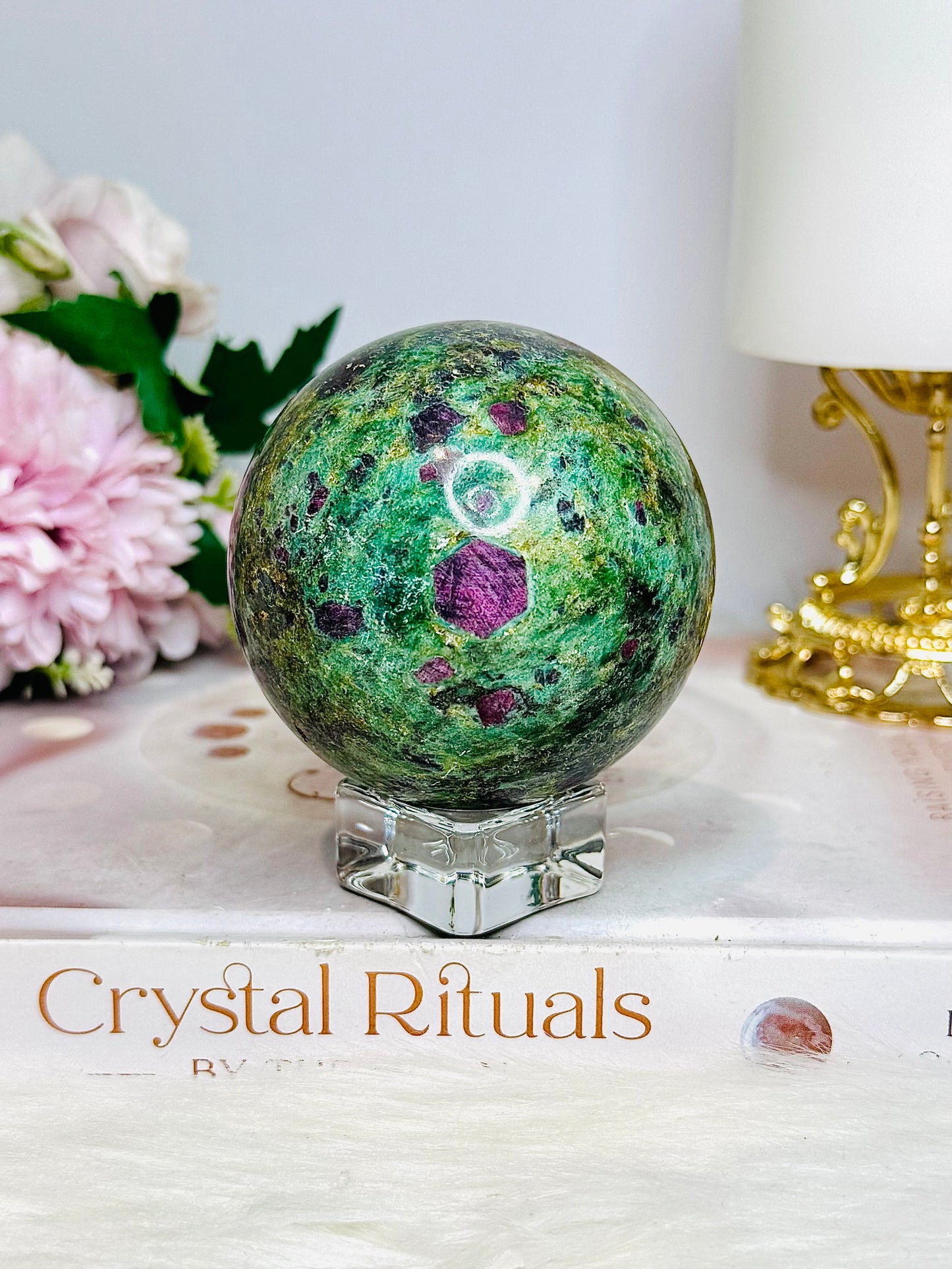 Large Ruby In Fuchsite Sphere UV Reactive On Stand 399g