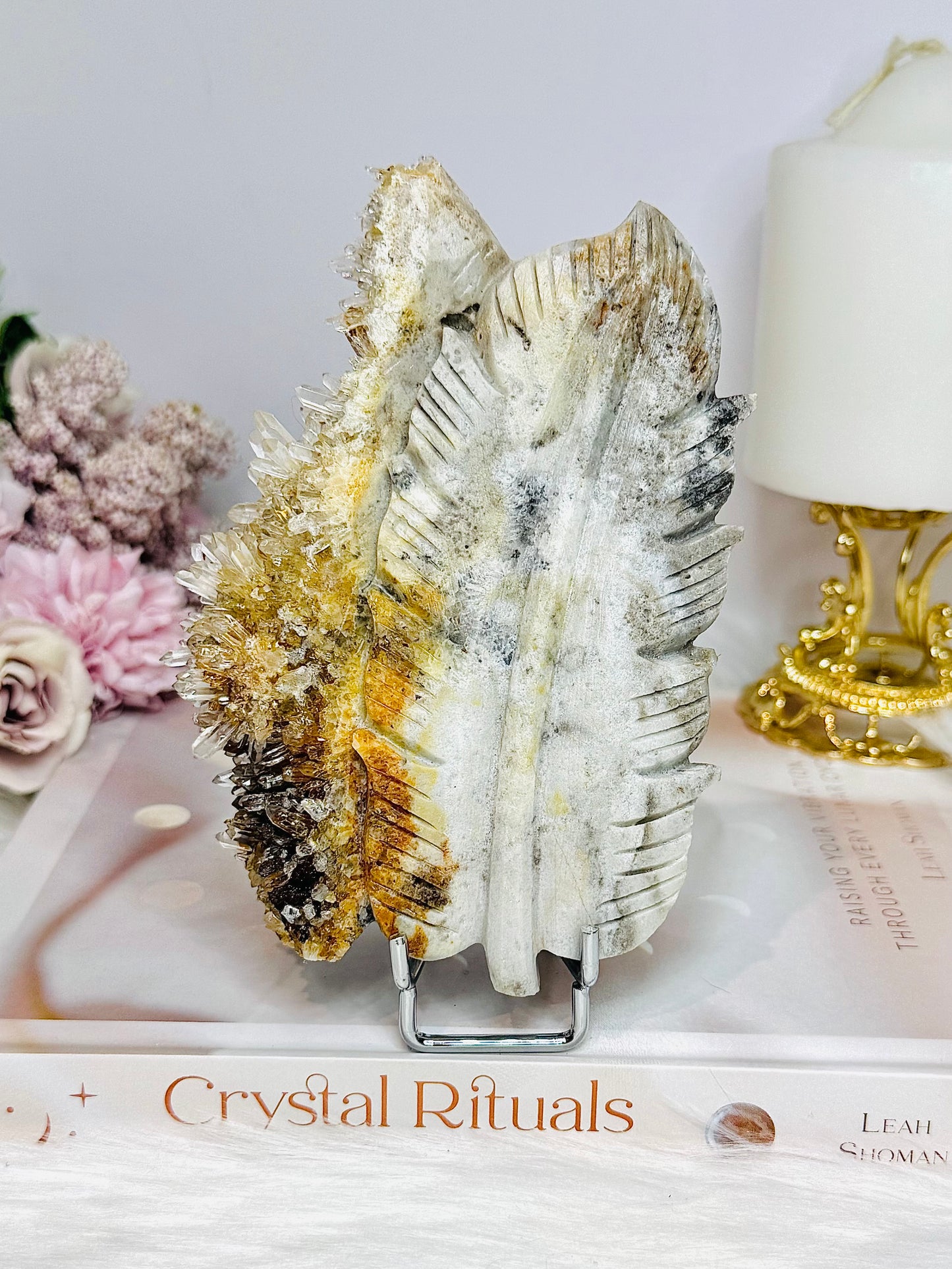 Large Druzy Quartz Carved Leaf on Stand 13cm 334g